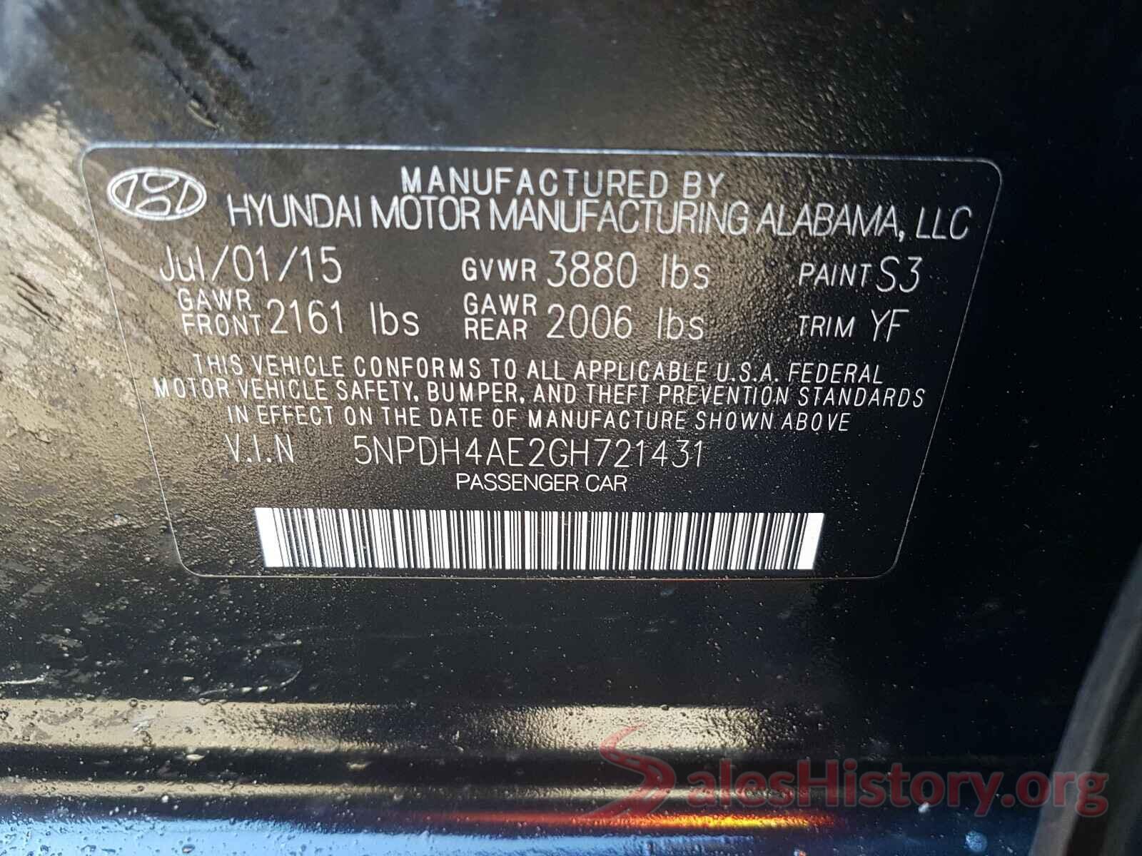 5NPDH4AE2GH721431 2016 HYUNDAI ELANTRA