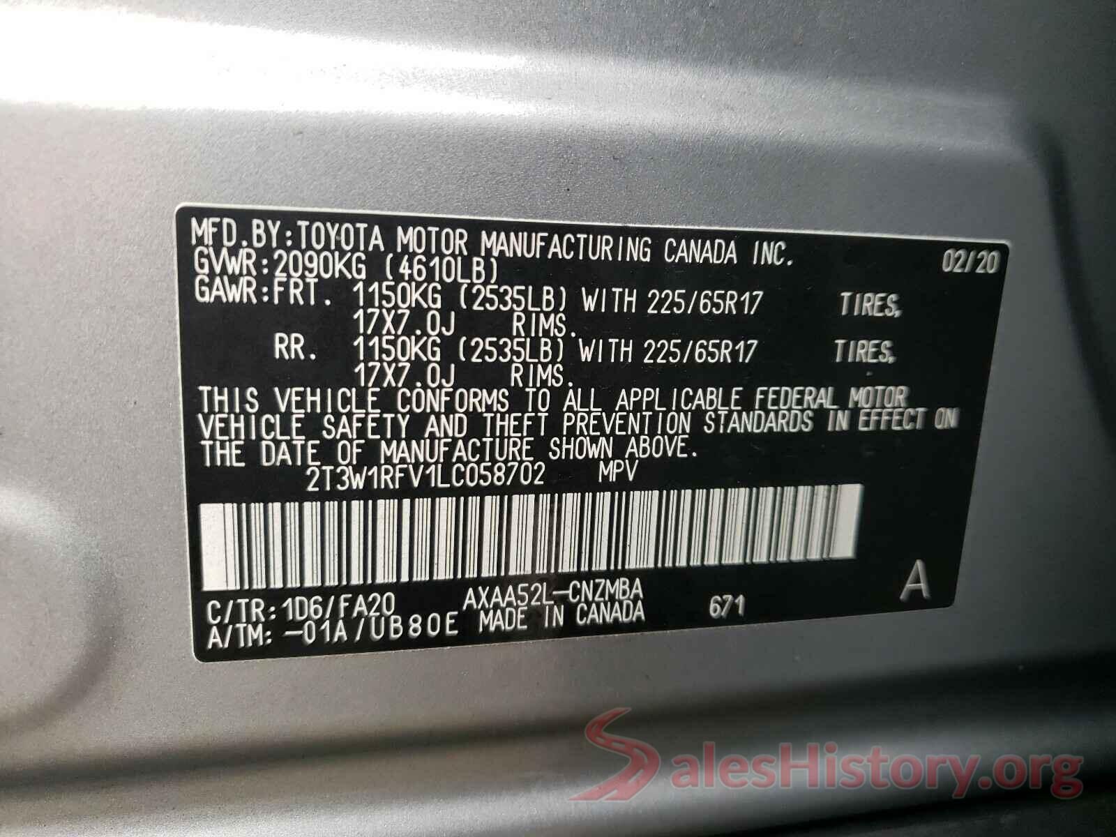 2T3W1RFV1LC058702 2020 TOYOTA RAV4