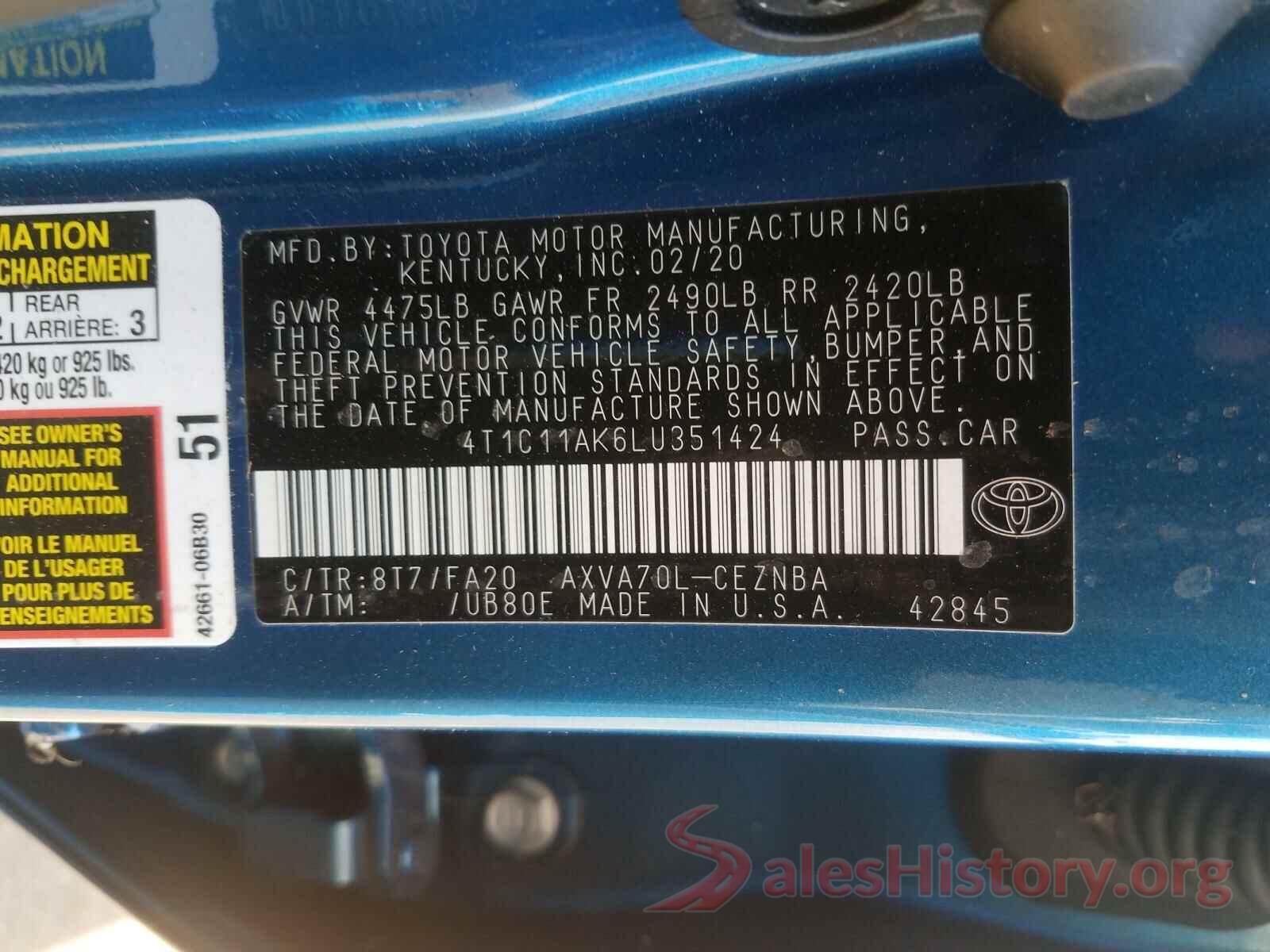 4T1C11AK6LU351424 2020 TOYOTA CAMRY