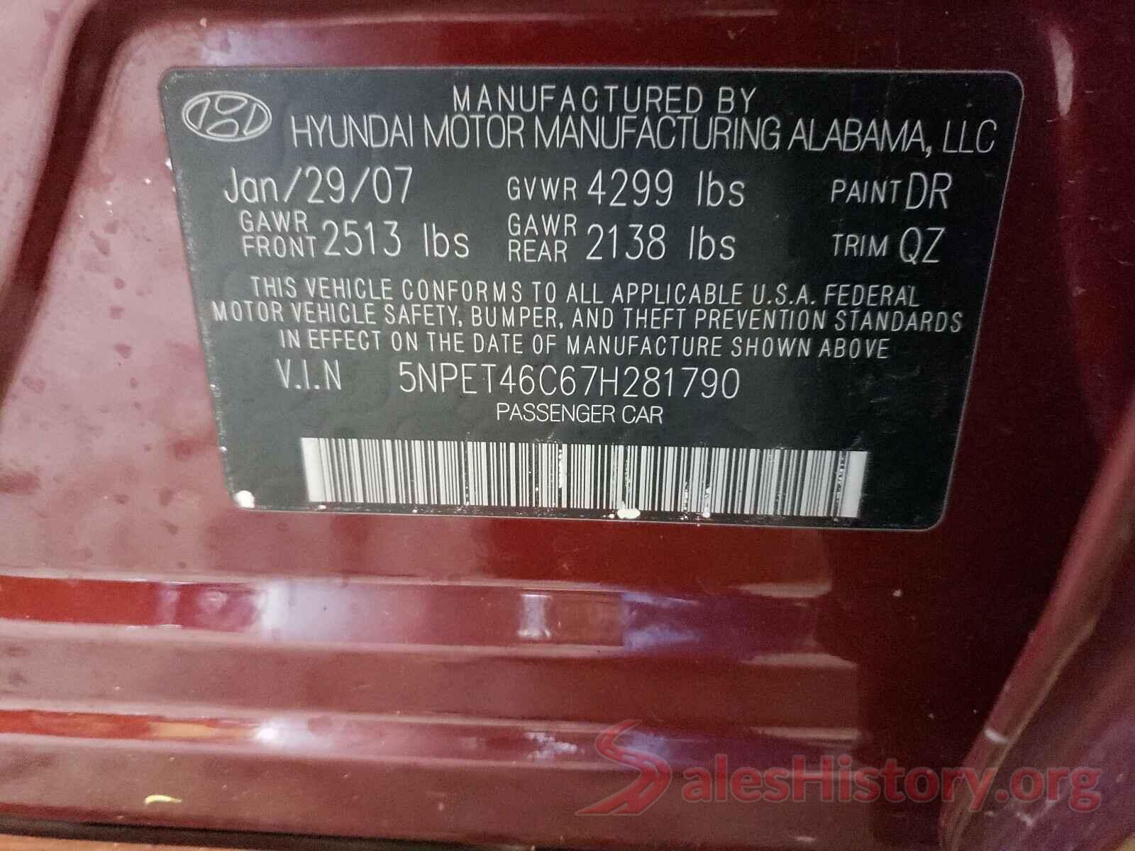 JF1ZNAA17H9703789 2007 HYUNDAI SONATA