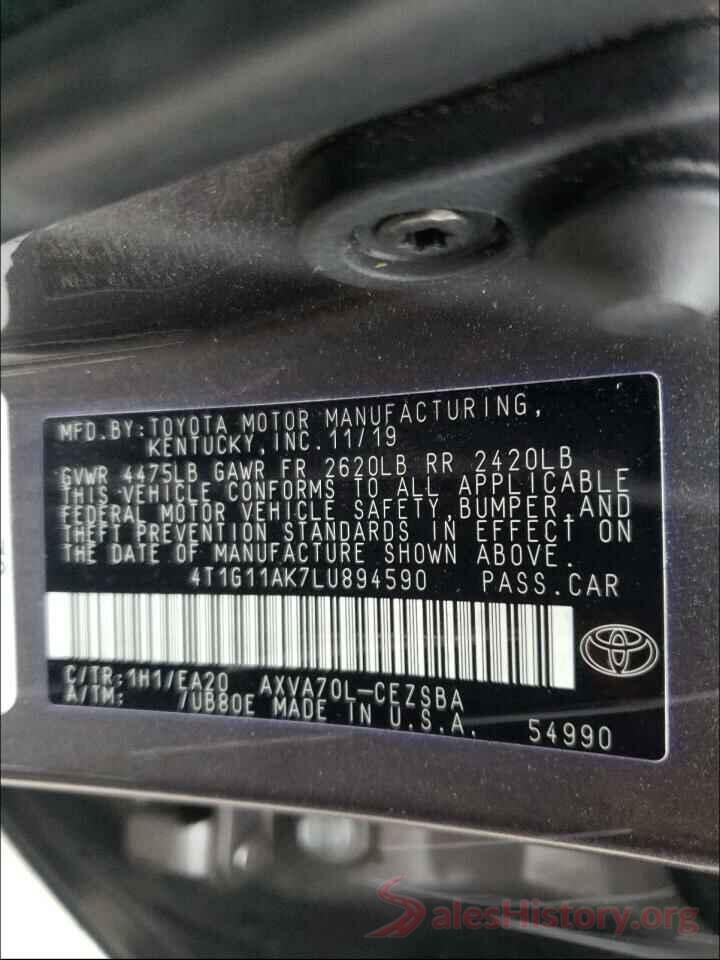 4T1G11AK7LU894590 2020 TOYOTA CAMRY