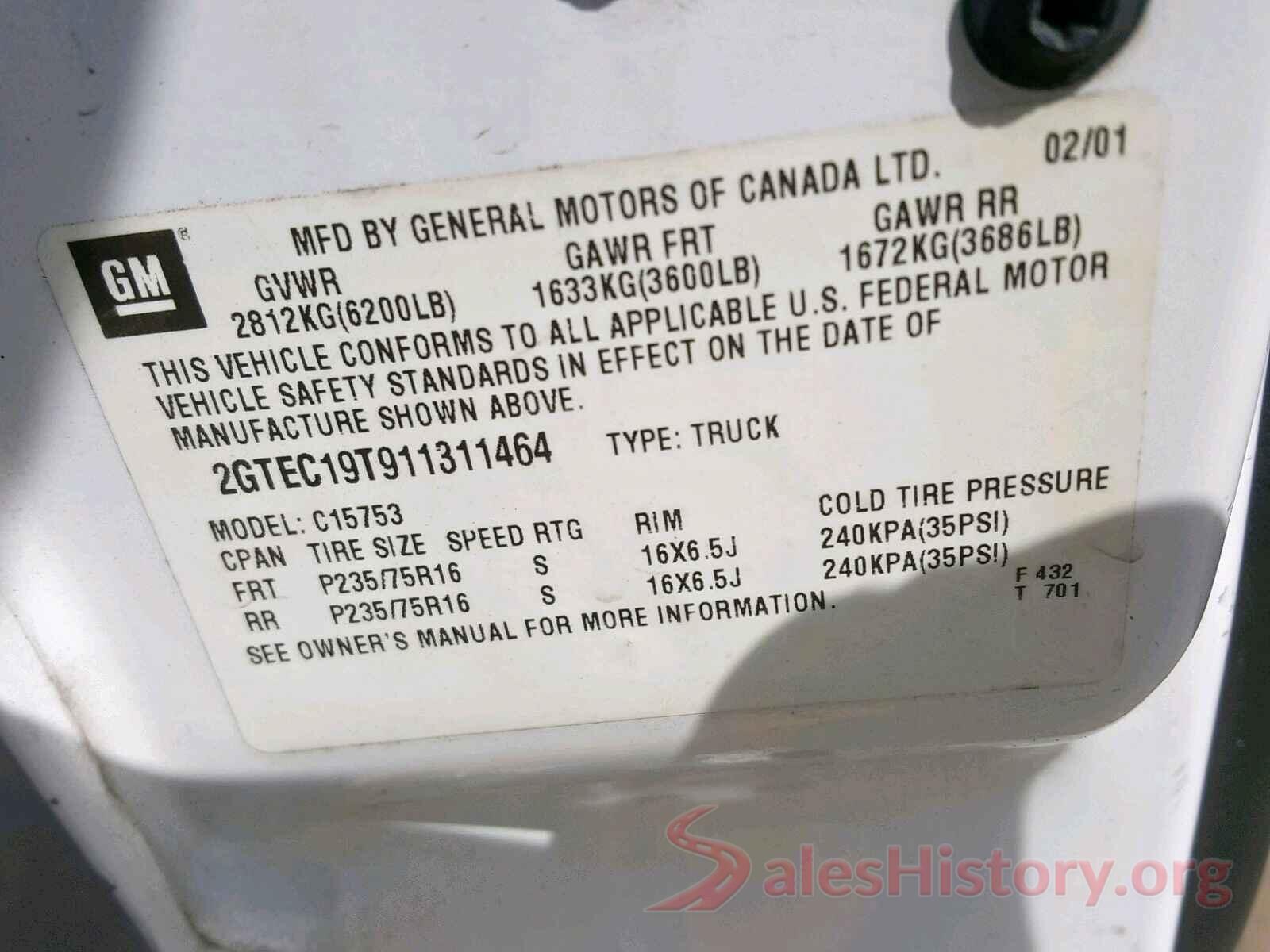 4S4BTAFC4M3159868 2001 GMC NEW SIERRA