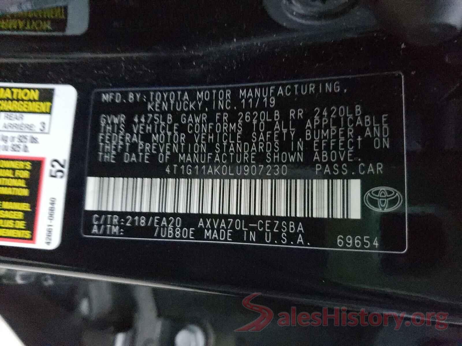 4T1G11AK0LU907230 2020 TOYOTA CAMRY