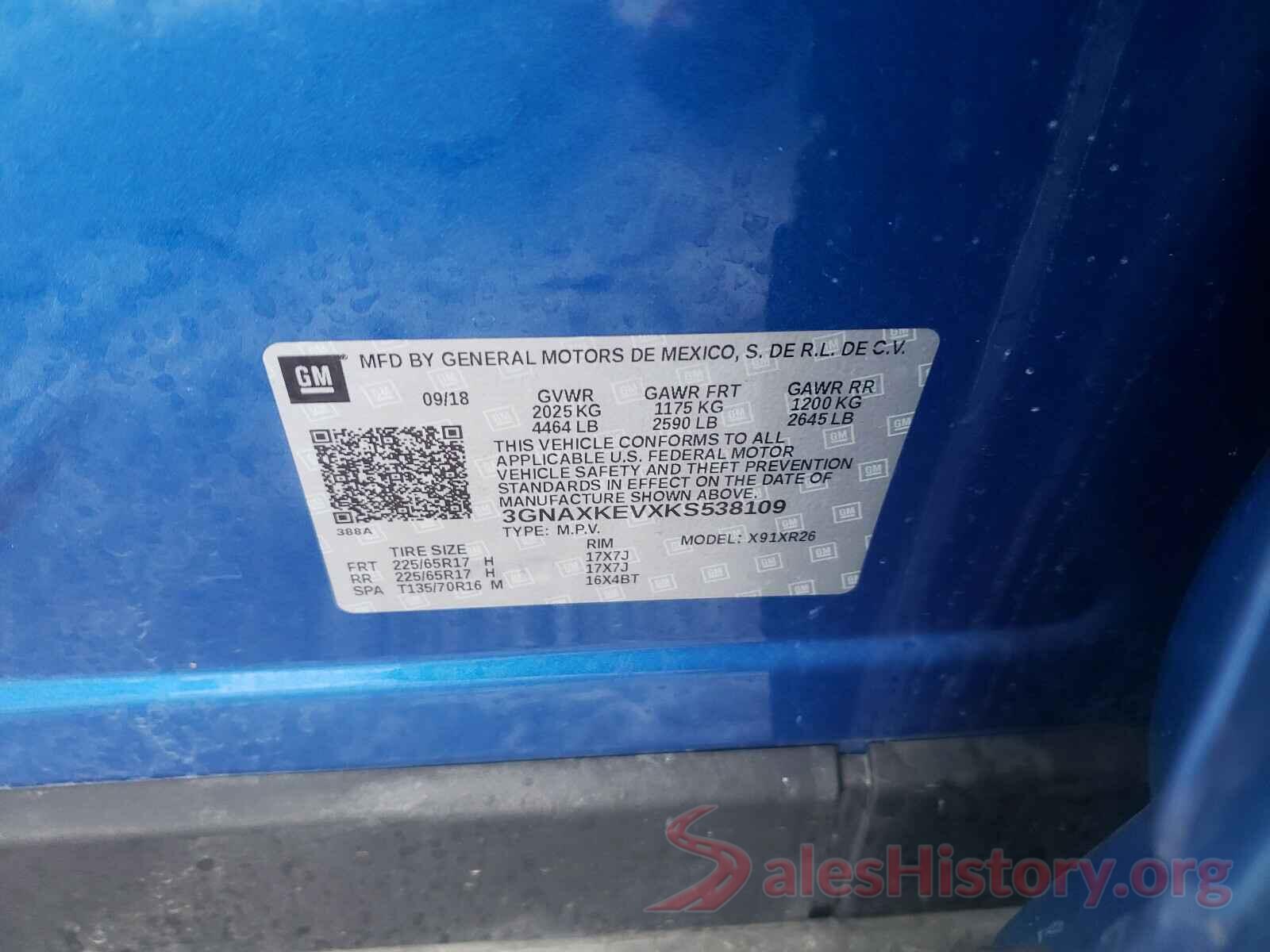 3GNAXKEVXKS538109 2019 CHEVROLET EQUINOX