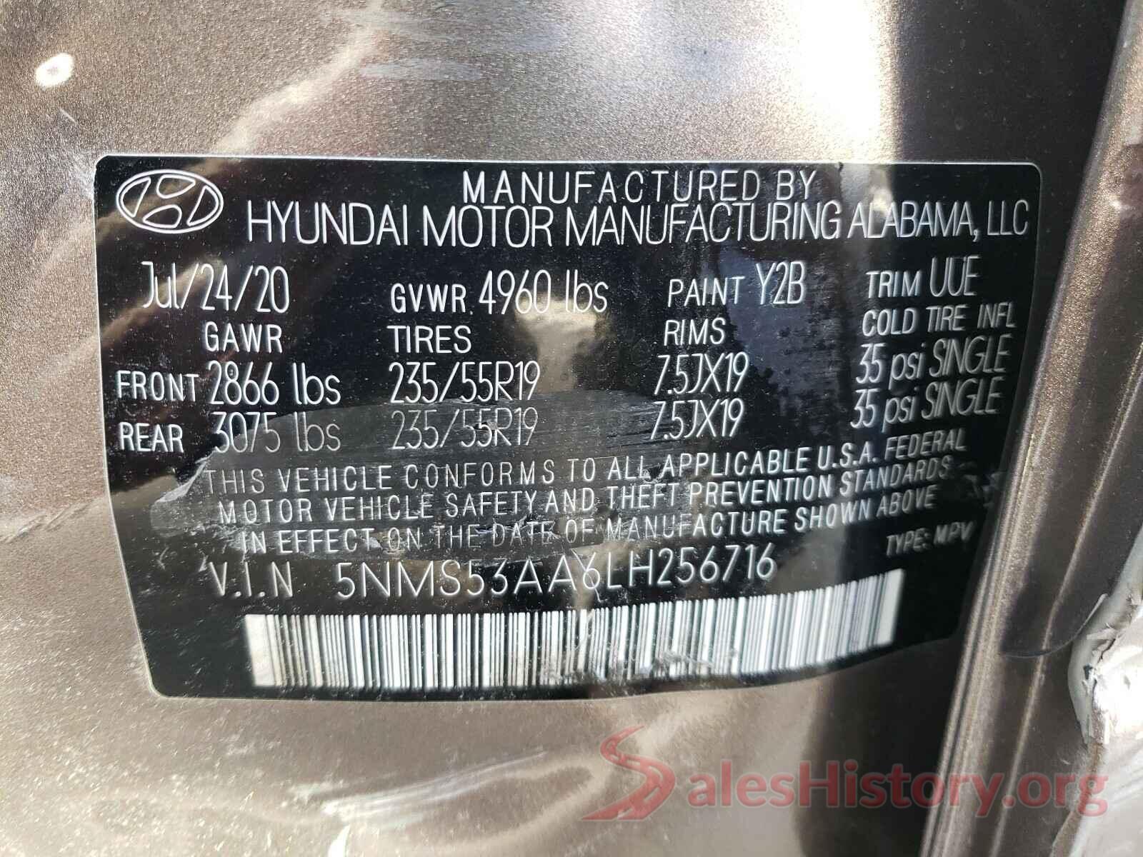 5NMS53AA6LH256716 2020 HYUNDAI SANTA FE