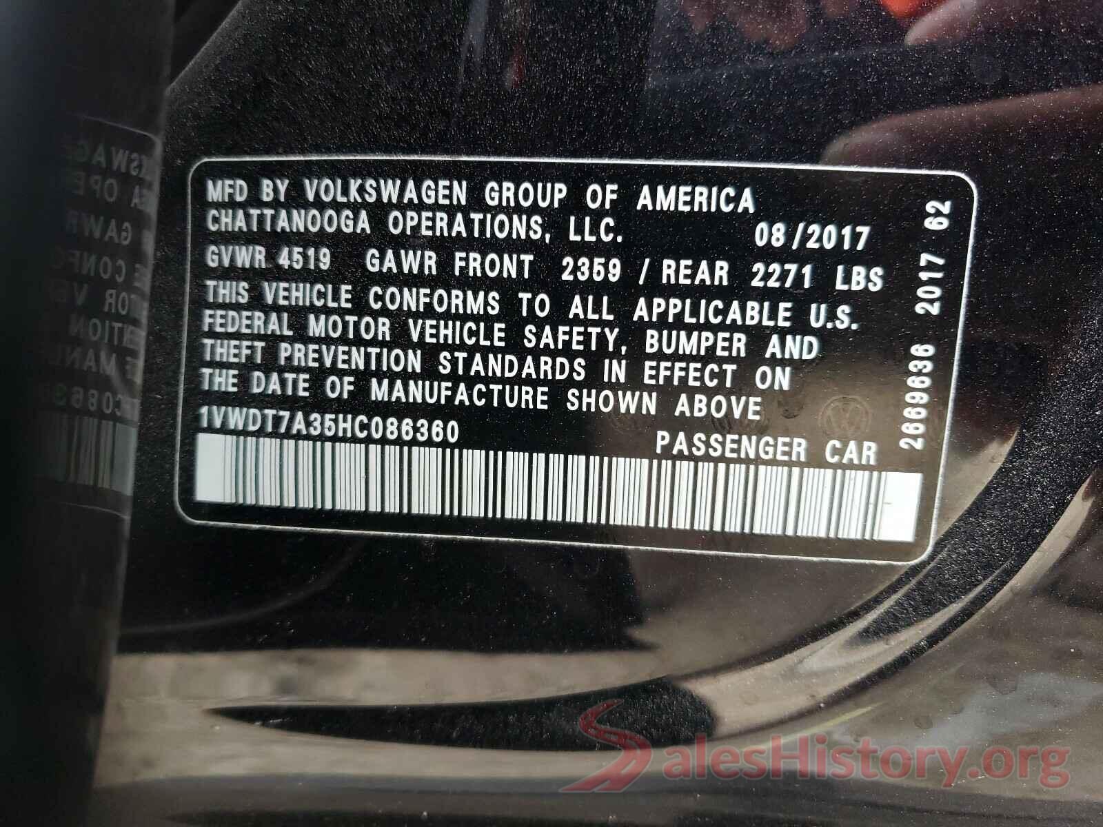 1VWDT7A35HC086360 2017 VOLKSWAGEN PASSAT