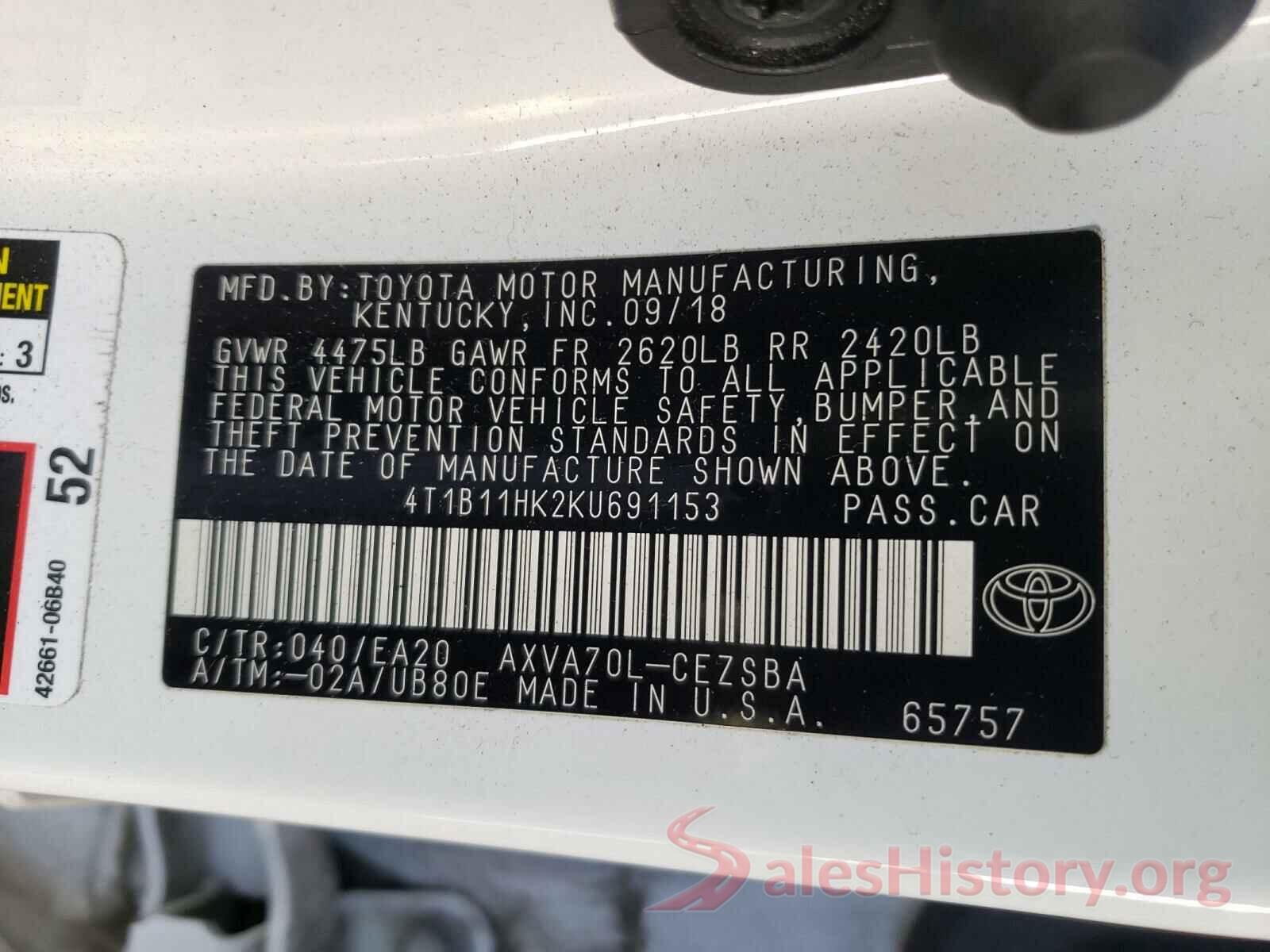 4T1B11HK2KU691153 2019 TOYOTA CAMRY