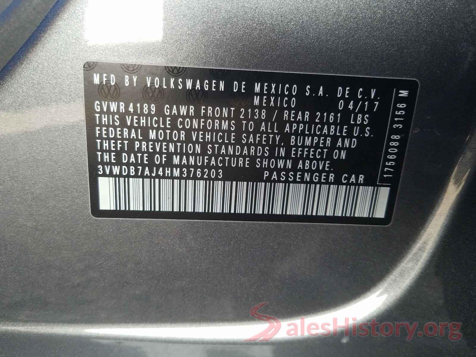 3VWDB7AJ4HM376203 2017 VOLKSWAGEN JETTA