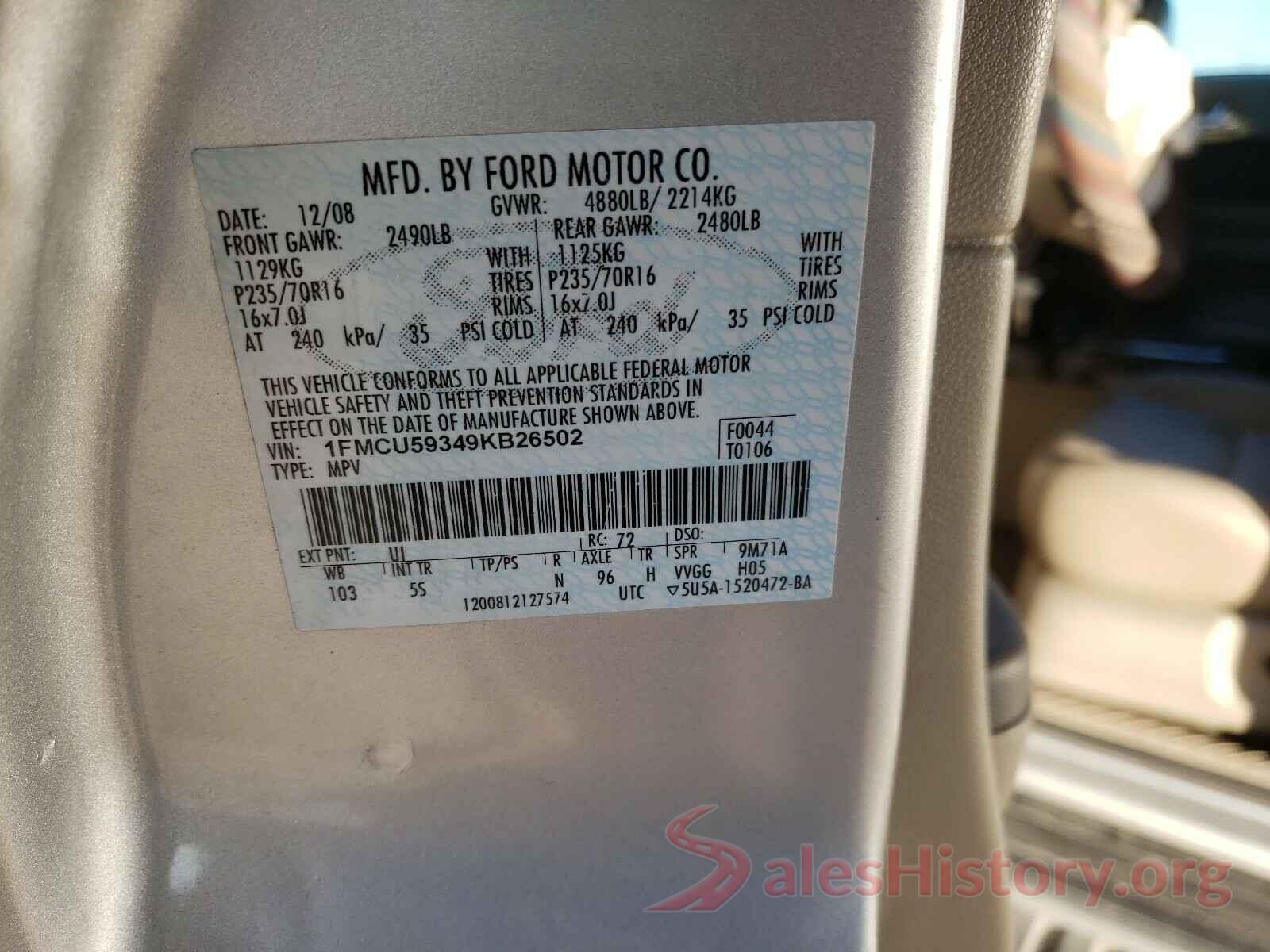 5TFAX5GN9KX160077 2009 FORD ESCAPE