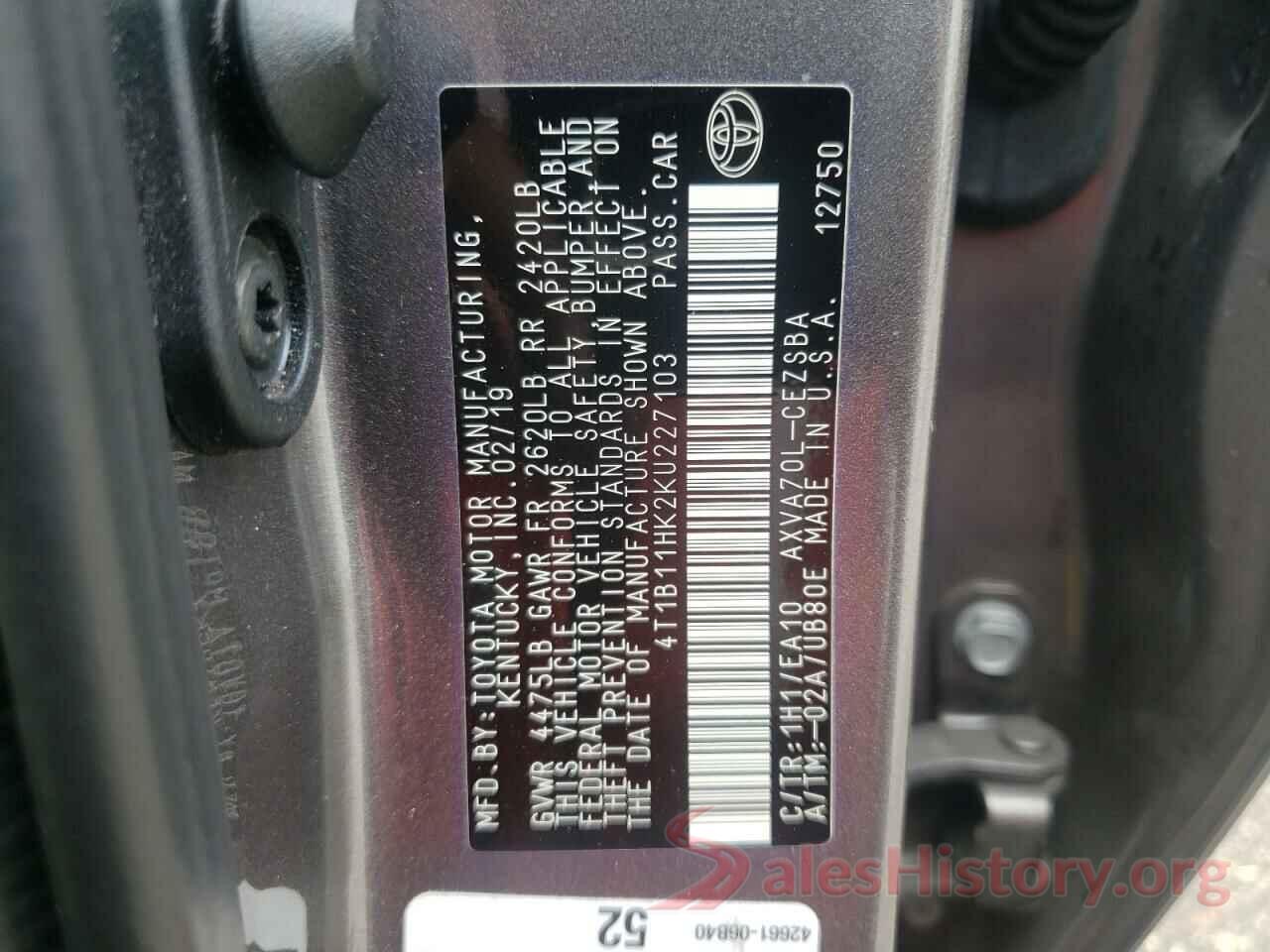 4T1B11HK2KU227103 2019 TOYOTA CAMRY