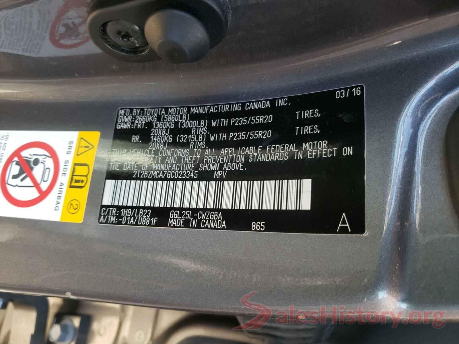 2T2BZMCA7GC023345 2016 LEXUS RX350