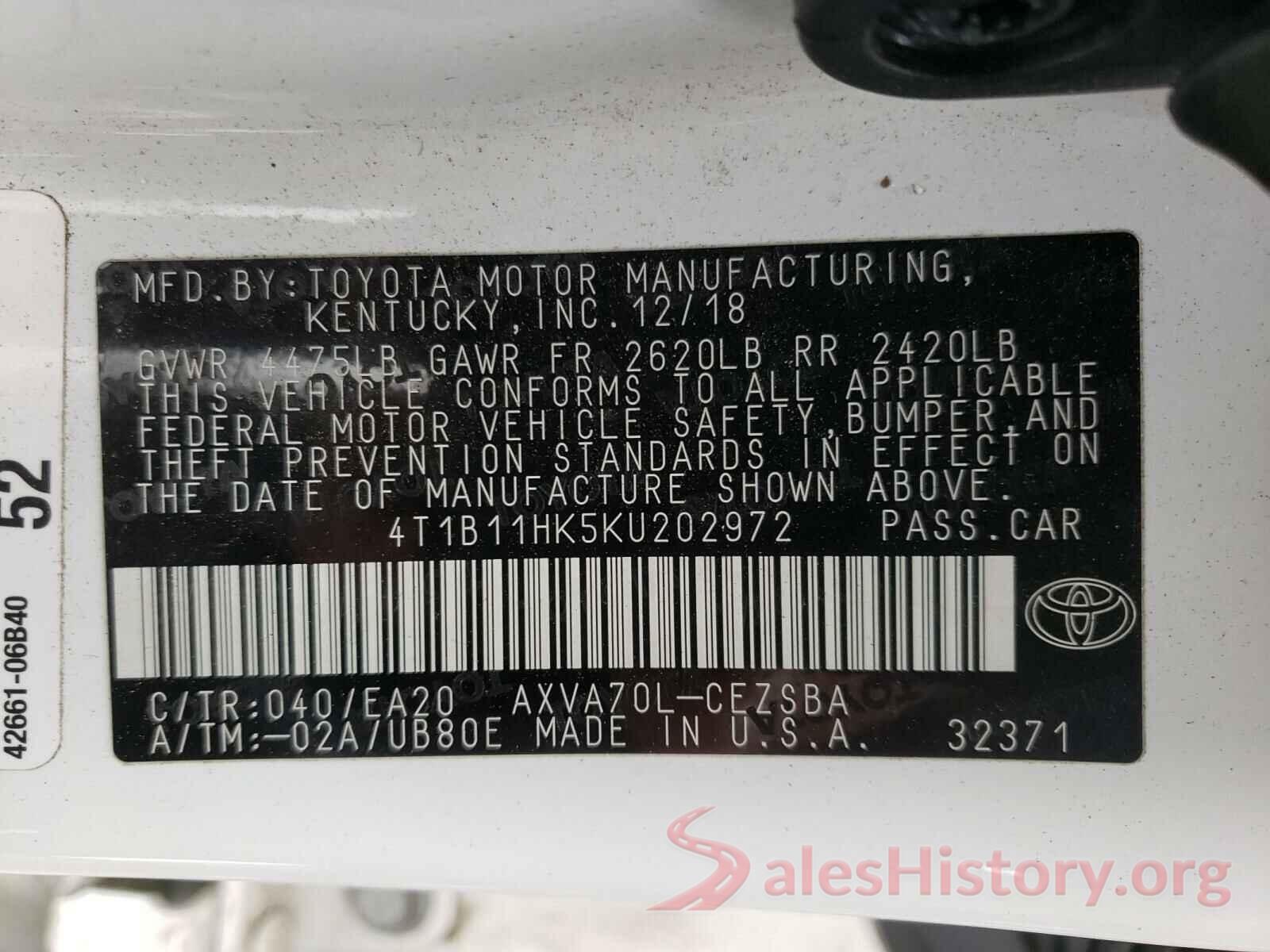 4T1B11HK5KU202972 2019 TOYOTA CAMRY