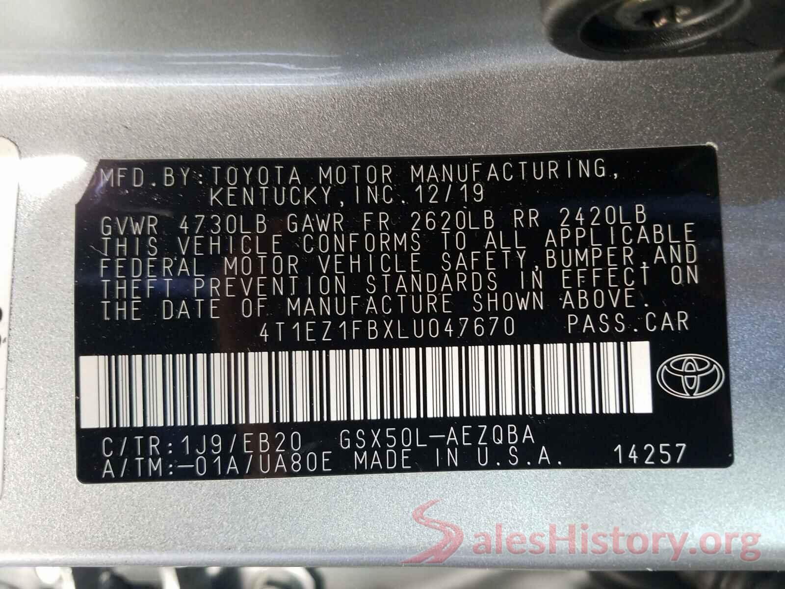 4T1EZ1FBXLU047670 2020 TOYOTA AVALON