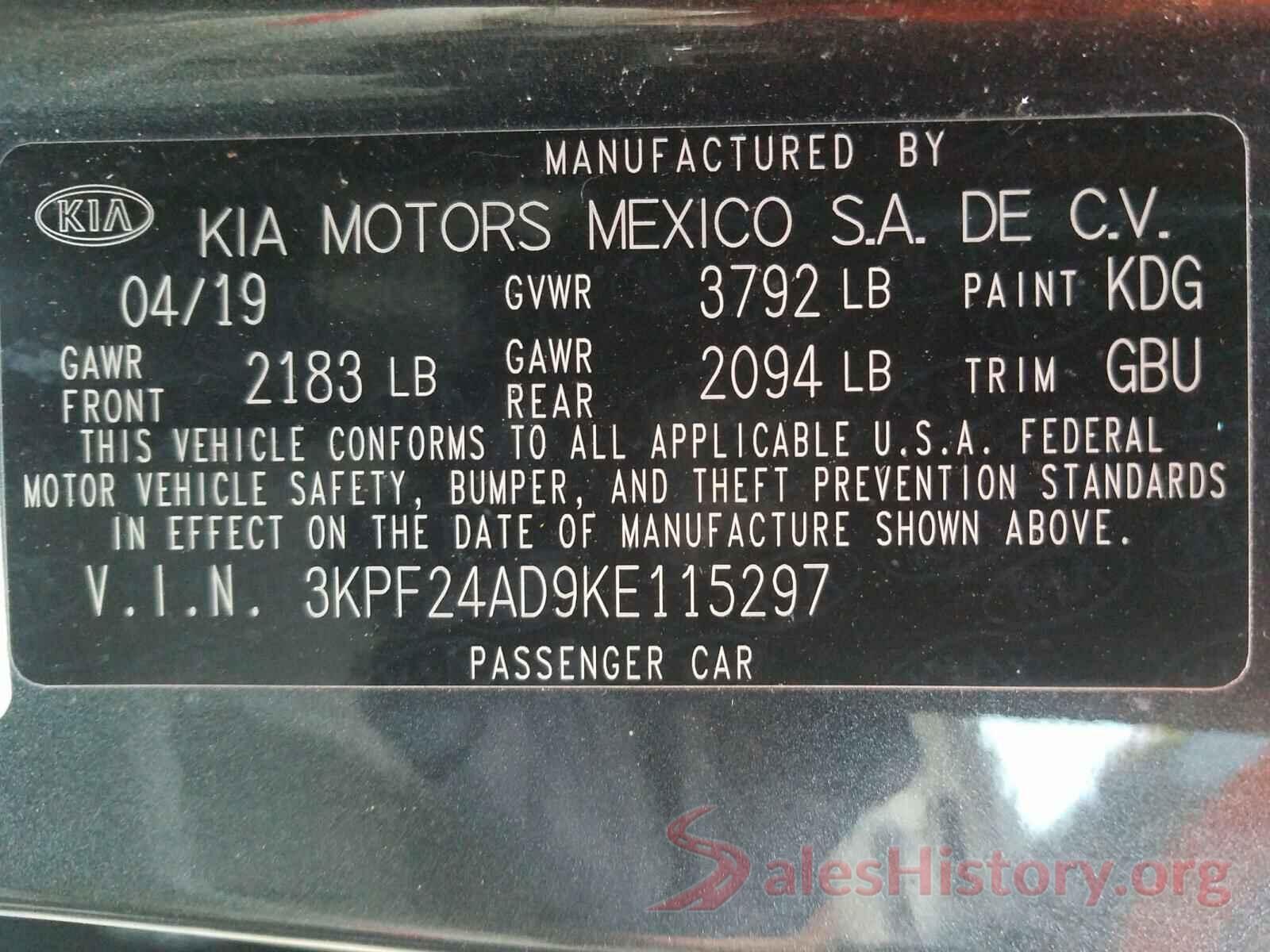 3KPF24AD9KE115297 2019 KIA FORTE