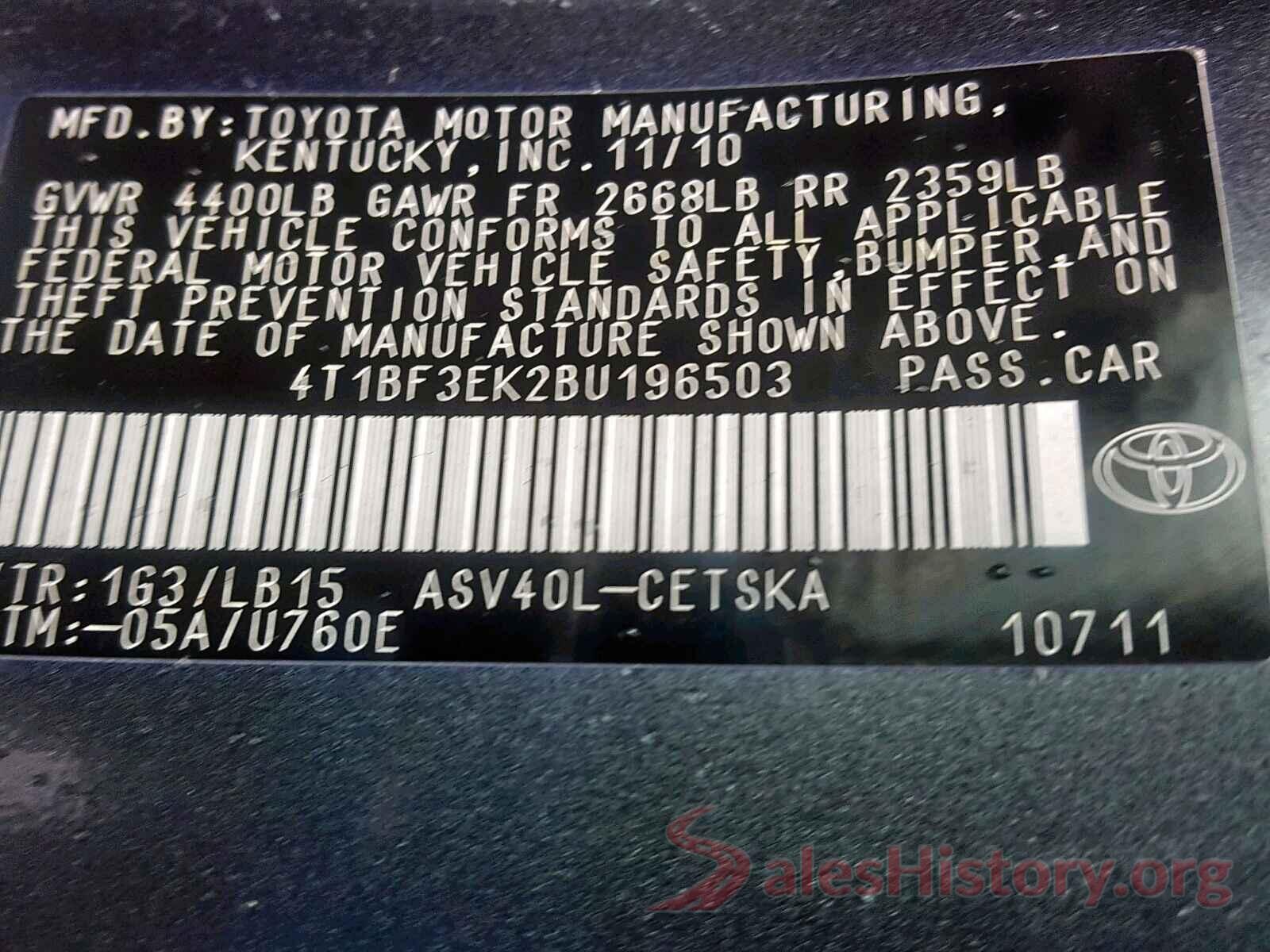 4T1BF3EK2BU196503 2011 TOYOTA CAMRY BASE