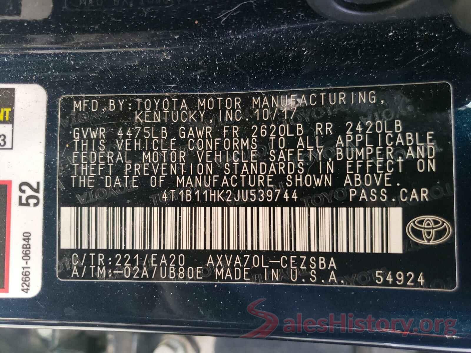 4T1B11HK2JU539744 2018 TOYOTA CAMRY