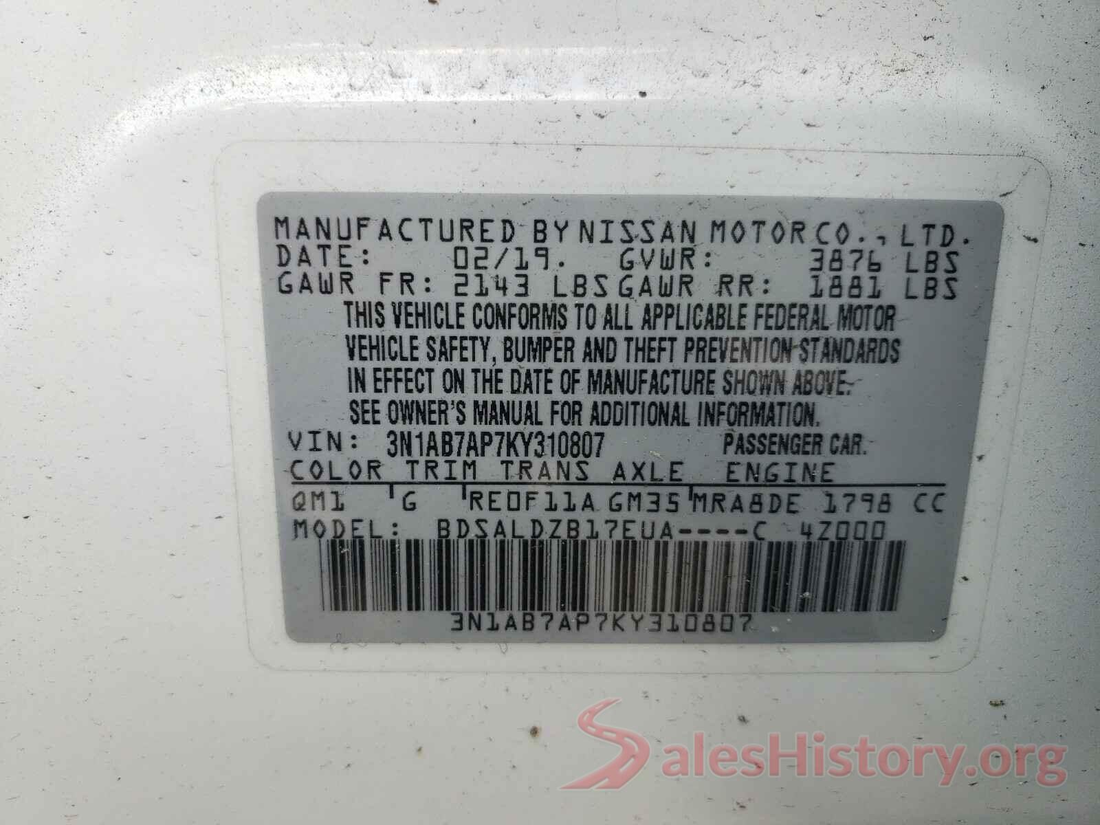 3N1AB7AP7KY310807 2019 NISSAN SENTRA