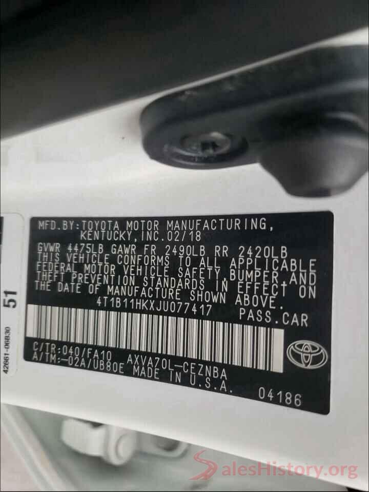 4T1B11HKXJU077417 2018 TOYOTA CAMRY