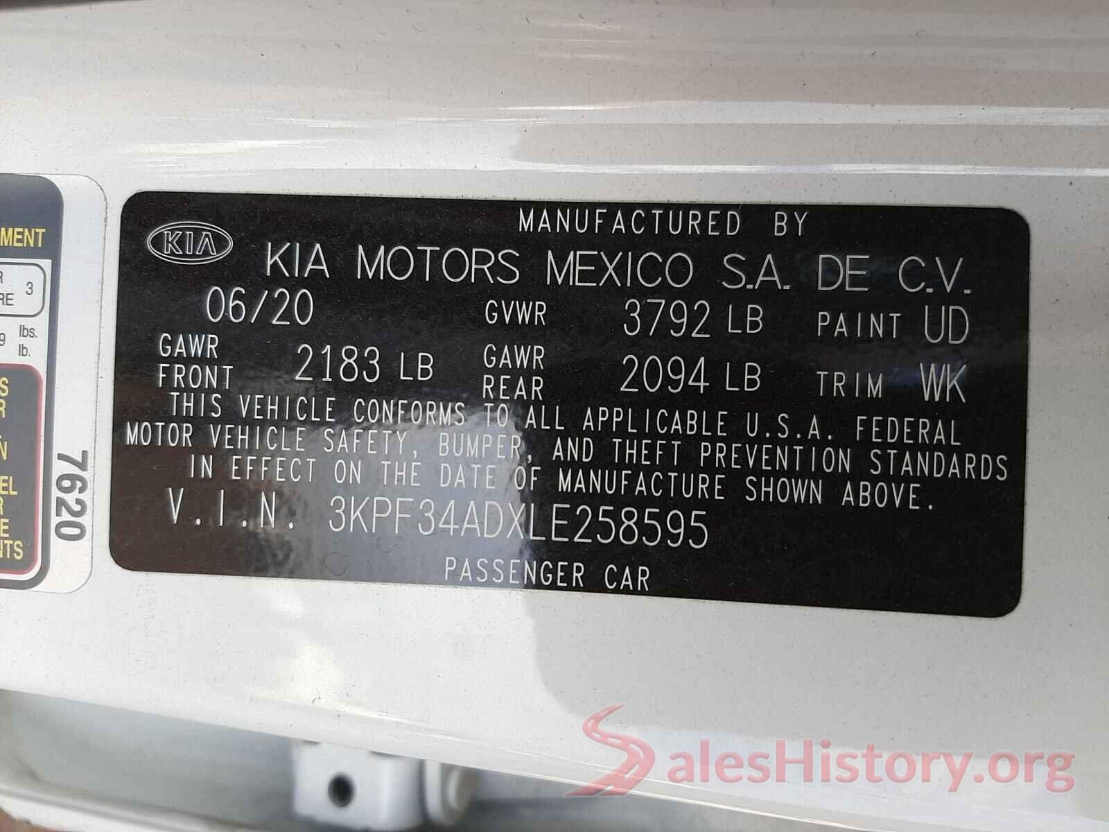 3KPF34ADXLE258595 2020 KIA FORTE