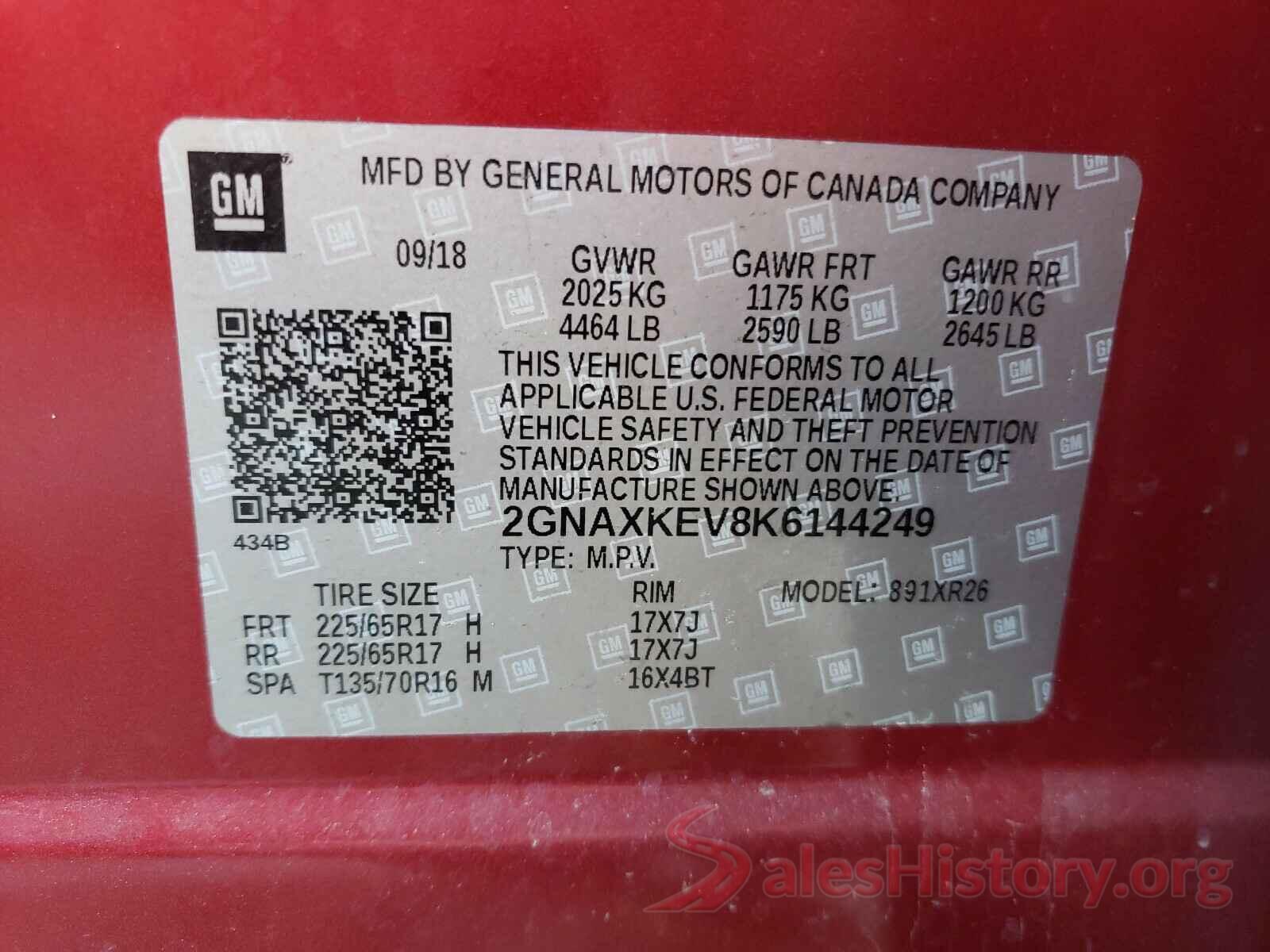 2GNAXKEV8K6144249 2019 CHEVROLET EQUINOX