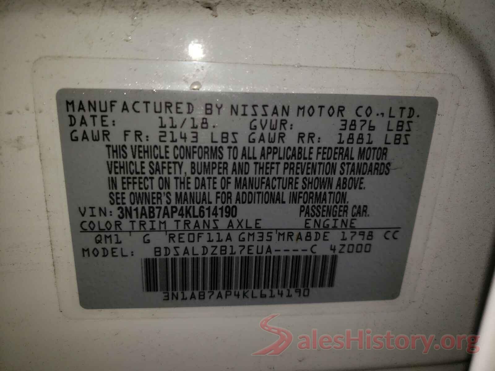 3N1AB7AP4KL614190 2019 NISSAN SENTRA