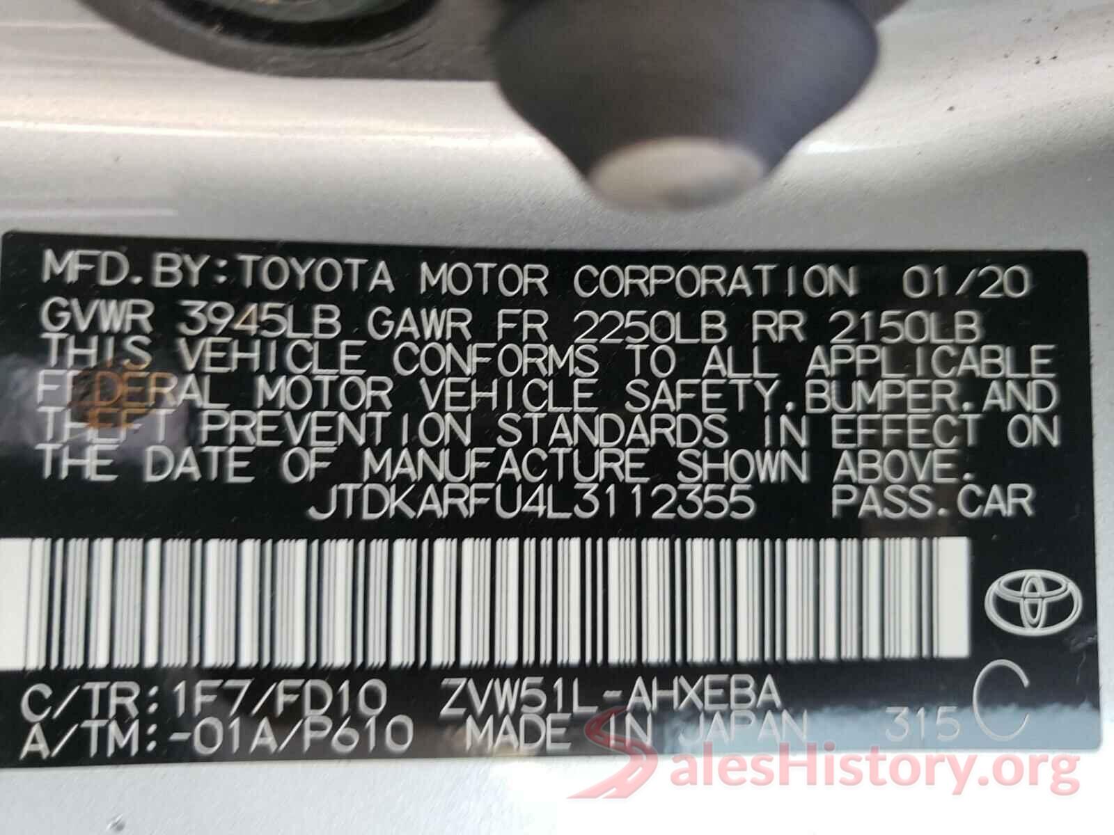 JTDKARFU4L3112355 2020 TOYOTA PRIUS