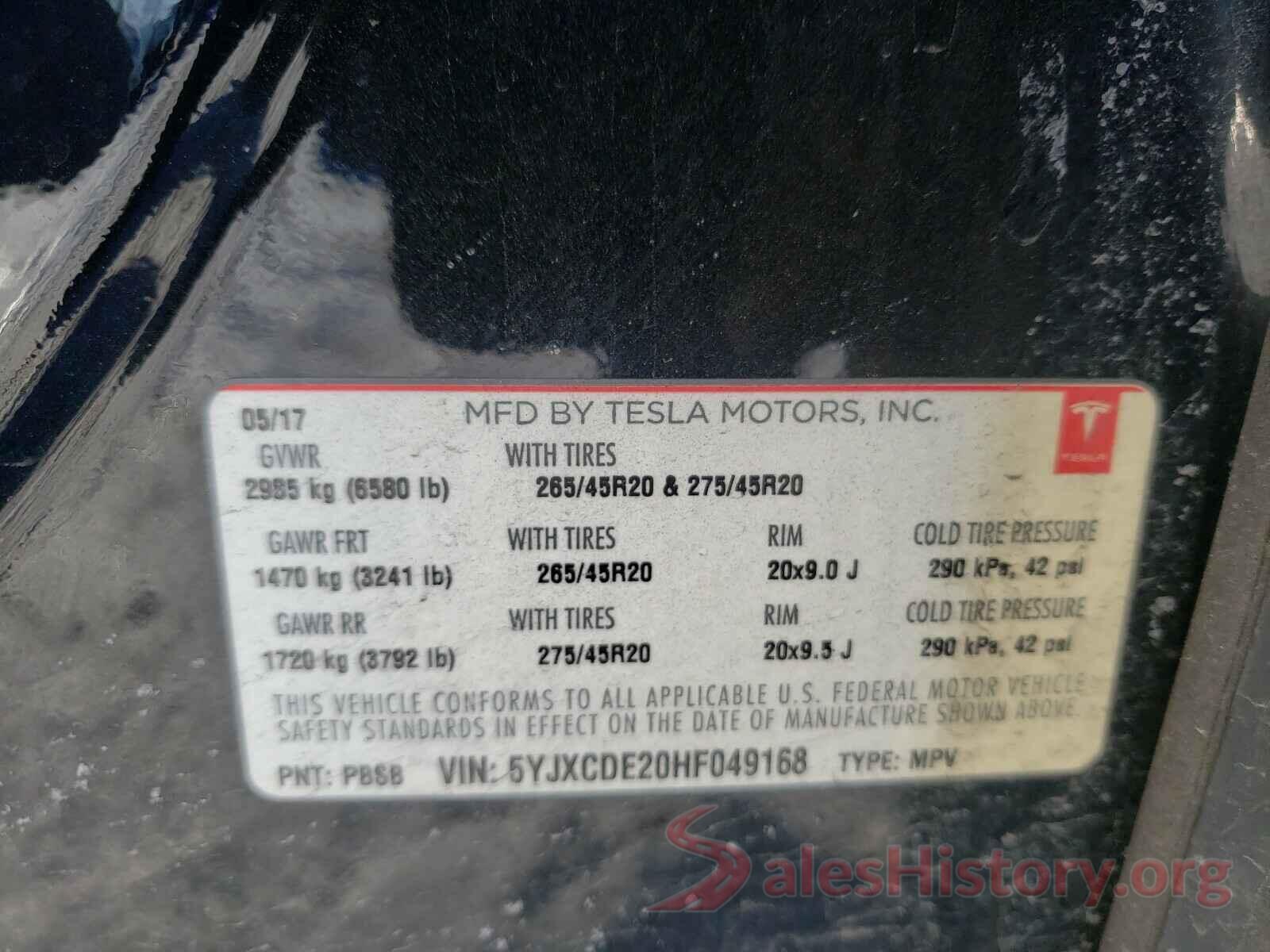 5YJXCDE20HF049168 2017 TESLA MODEL X