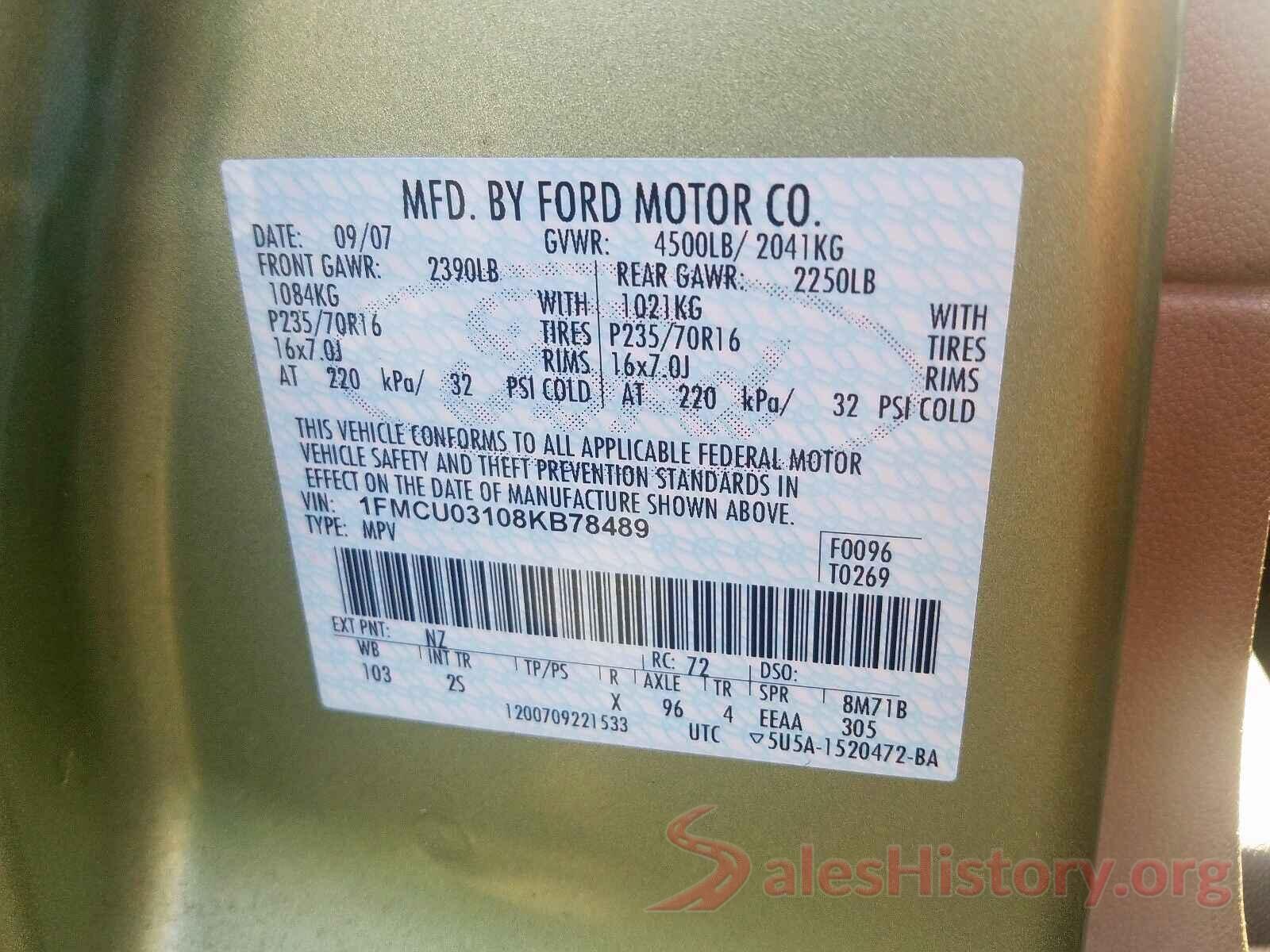 KNAFK5A87G5621851 2008 FORD ESCAPE