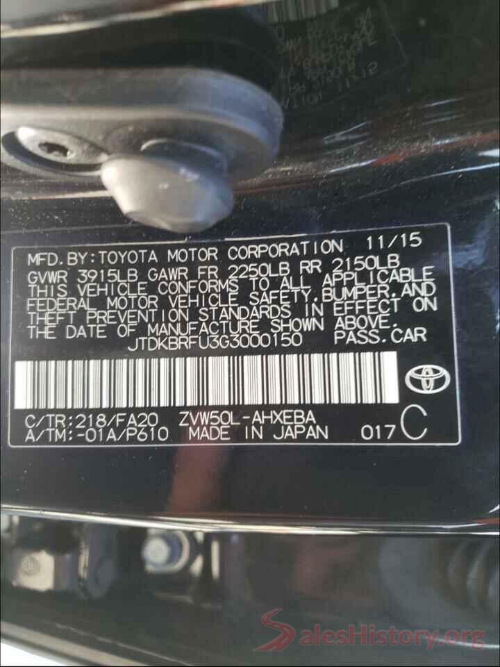 JTDKBRFU3G3000150 2016 TOYOTA PRIUS