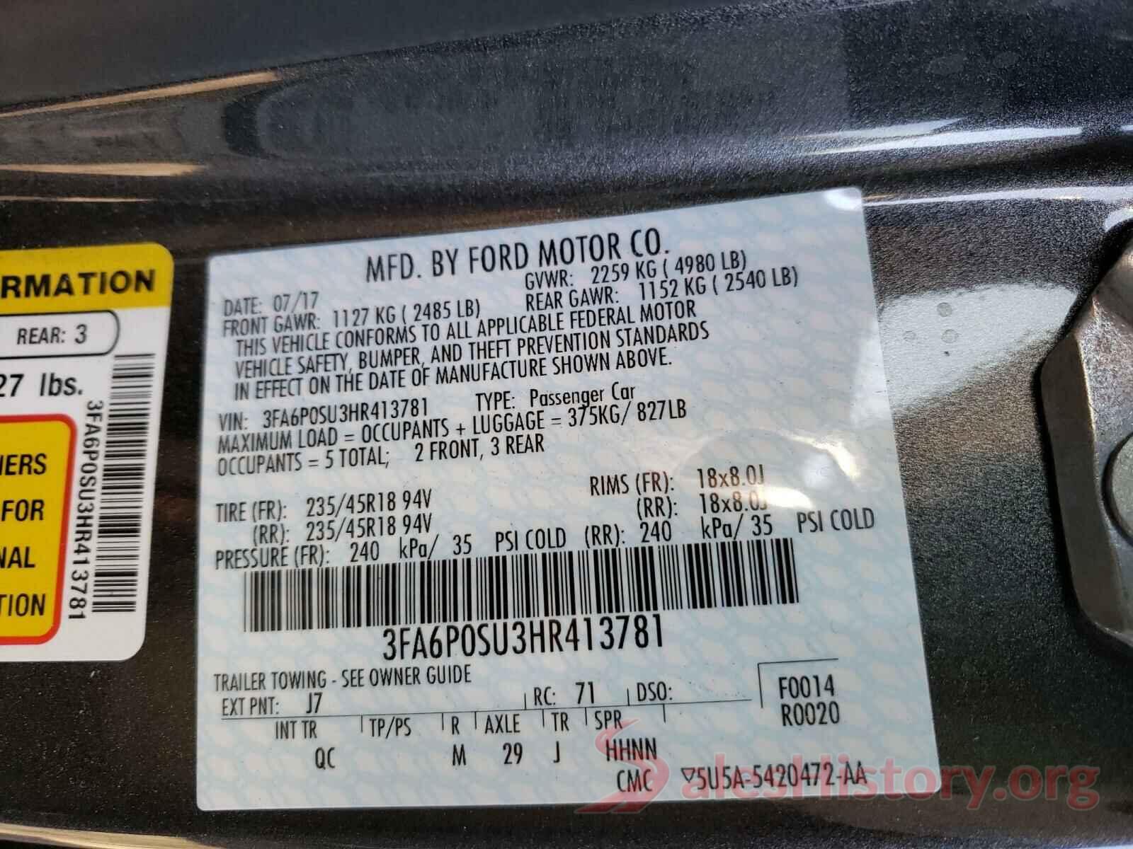 3FA6P0SU3HR413781 2017 FORD FUSION