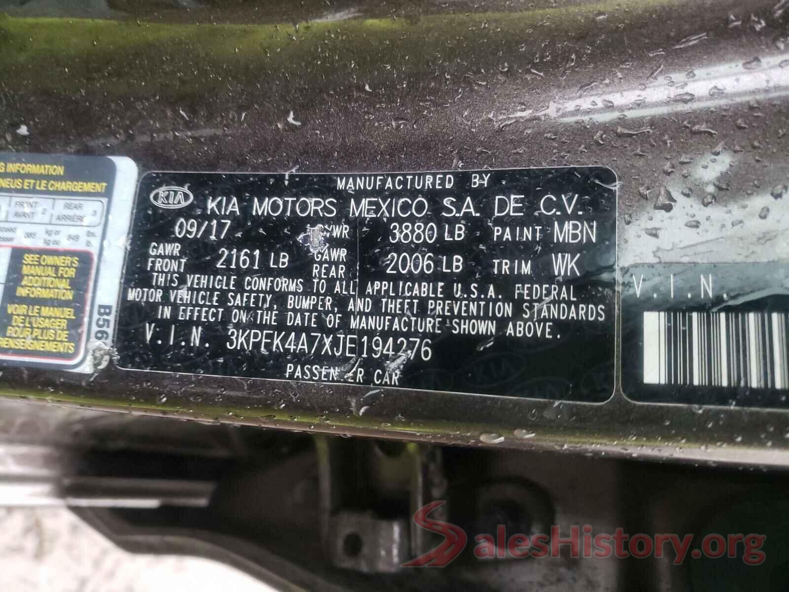 3KPFK4A7XJE194276 2018 KIA FORTE