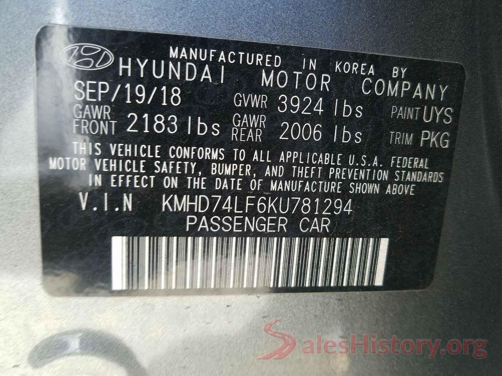 KMHD74LF6KU781294 2019 HYUNDAI ELANTRA