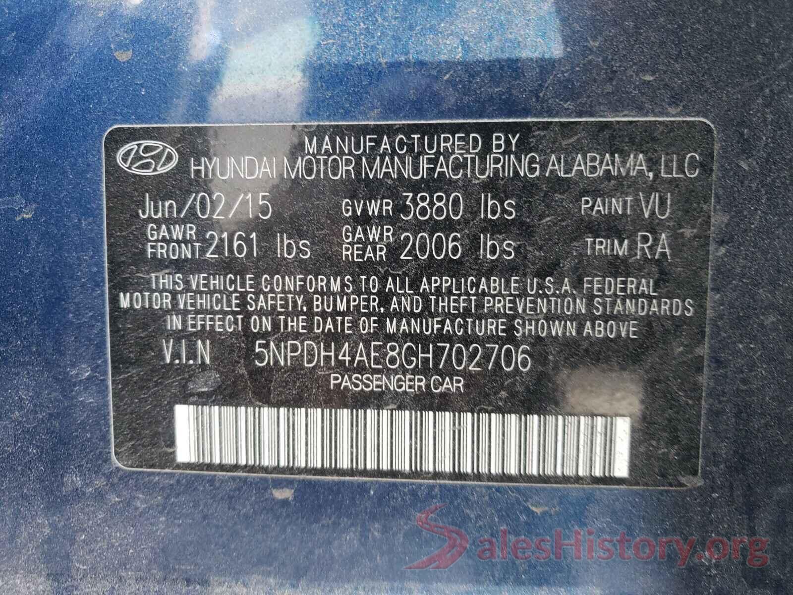 5NPDH4AE8GH702706 2016 HYUNDAI ELANTRA