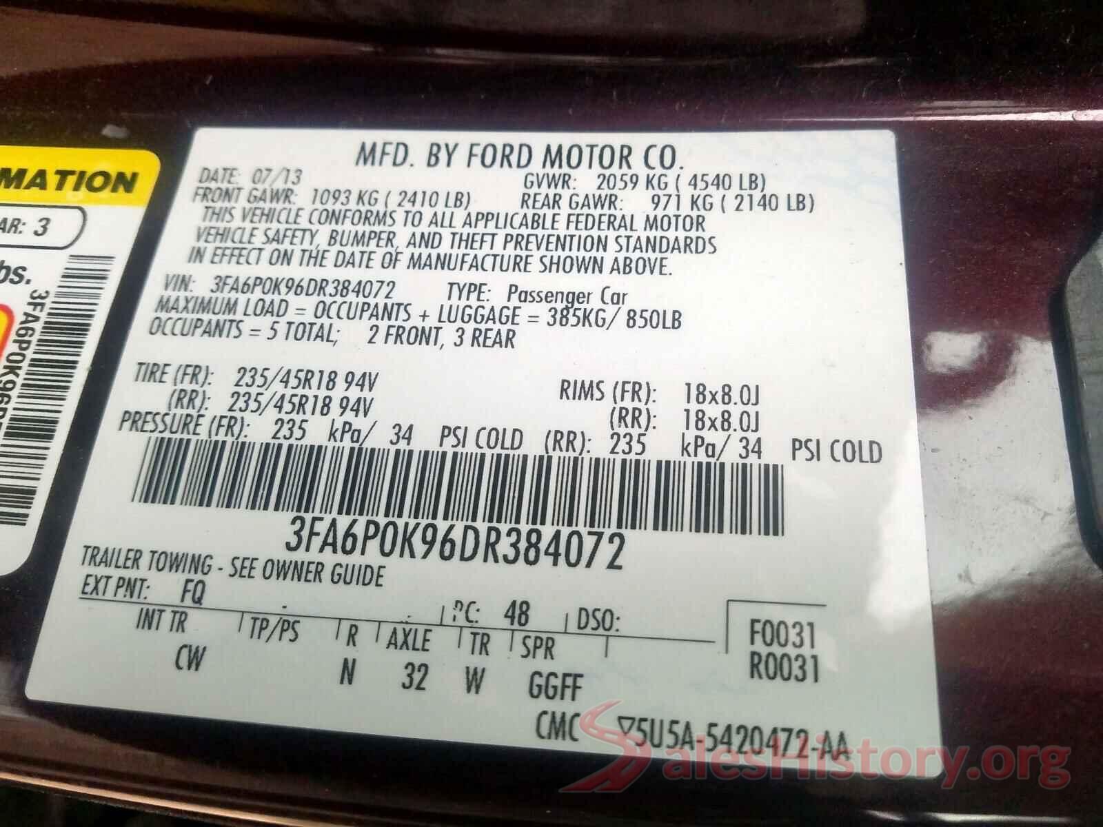 3FA6P0K96DR384072 2013 FORD FUSION