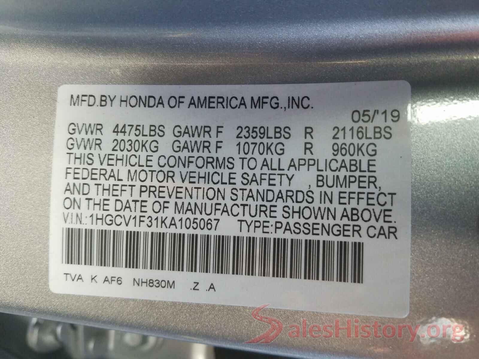 1HGCV1F31KA105067 2019 HONDA ACCORD