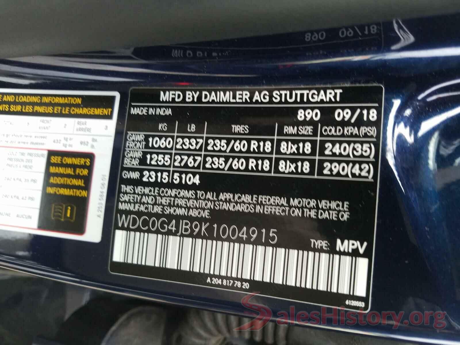 WDC0G4JB9K1004915 2019 MERCEDES-BENZ G CLASS