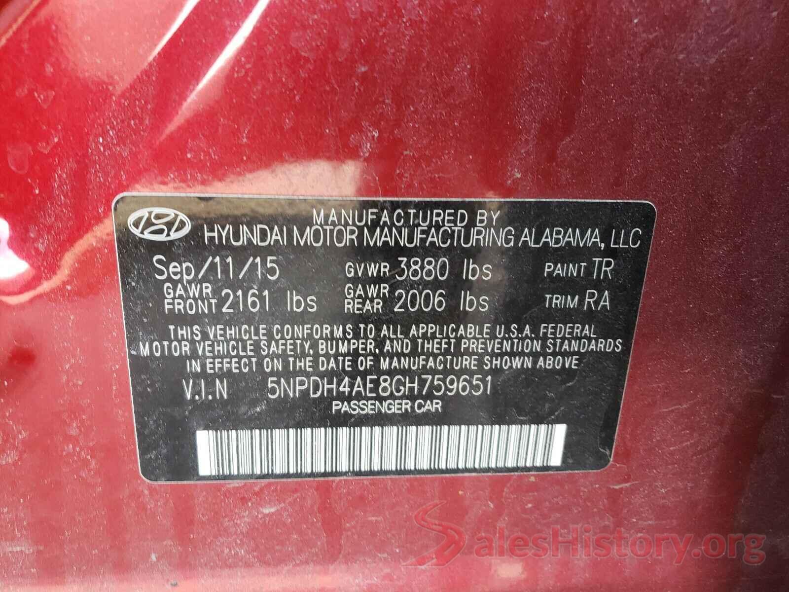 5NPDH4AE8GH759651 2016 HYUNDAI ELANTRA