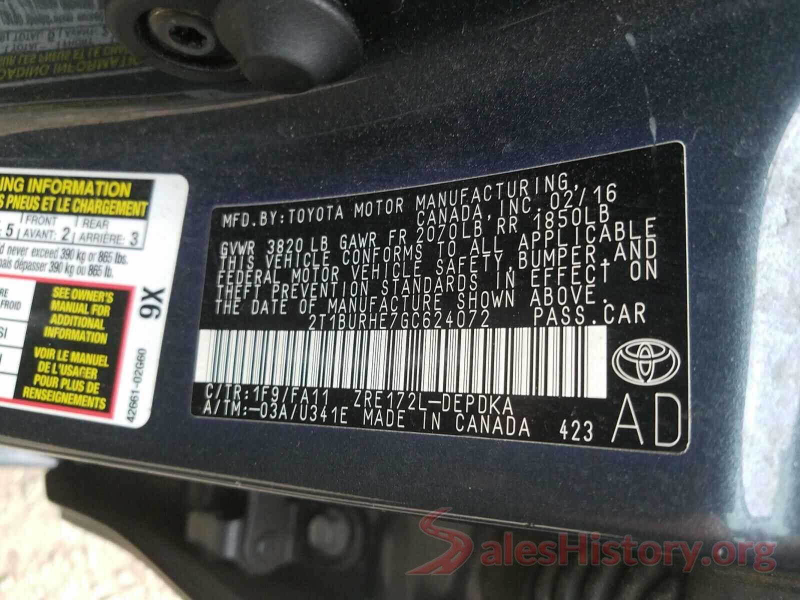 2T1BURHE7GC624072 2016 TOYOTA COROLLA