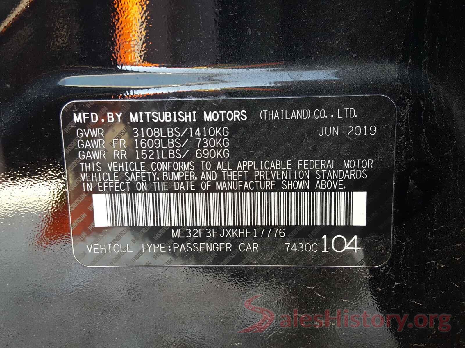 ML32F3FJXKHF17776 2019 MITSUBISHI MIRAGE