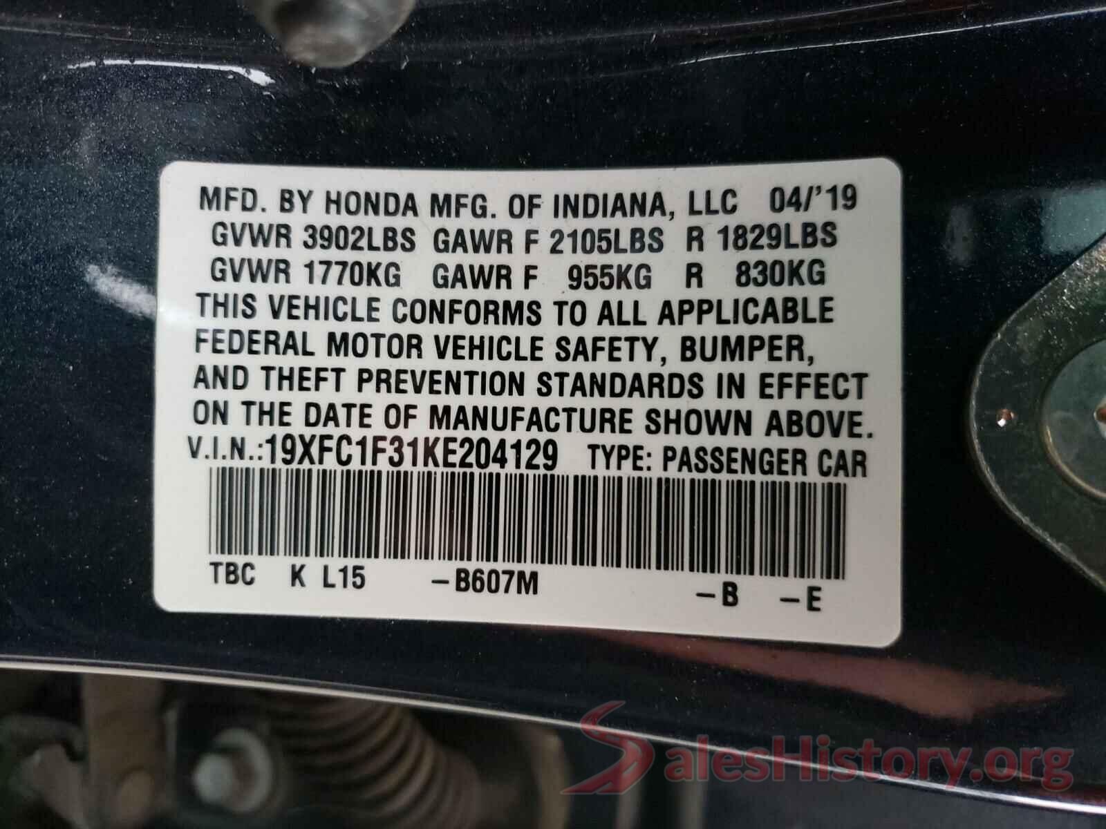 19XFC1F31KE204129 2019 HONDA CIVIC