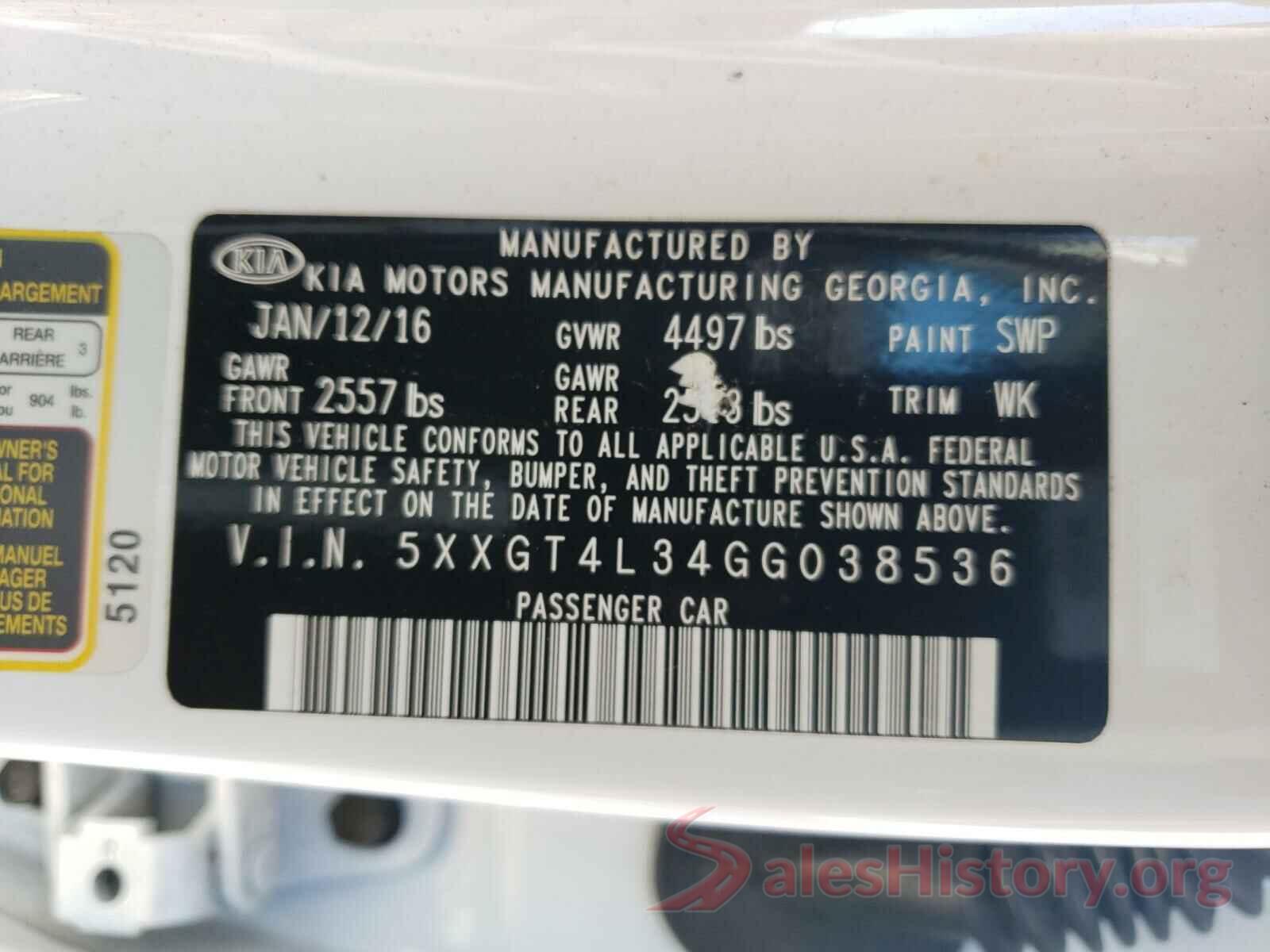 5XXGT4L34GG038536 2016 KIA OPTIMA