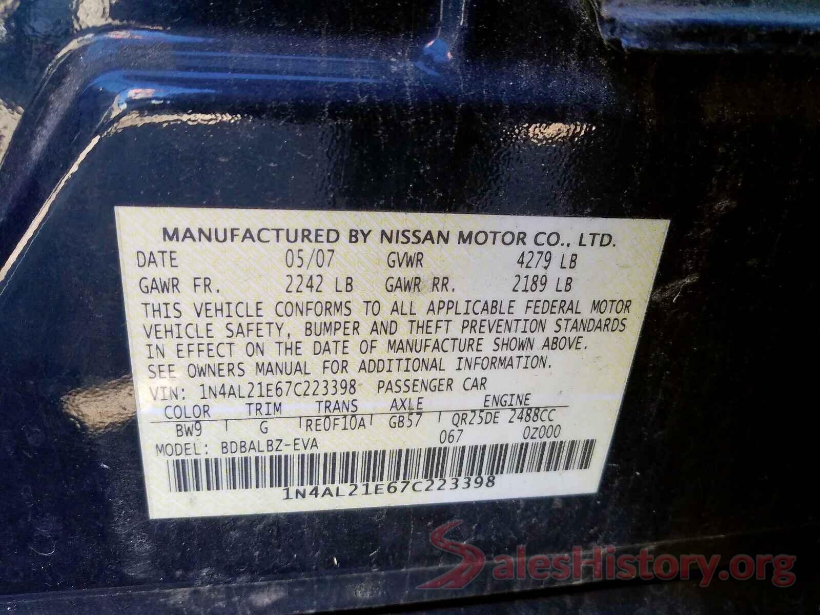 2T3WFREVXGW250904 2007 NISSAN ALTIMA