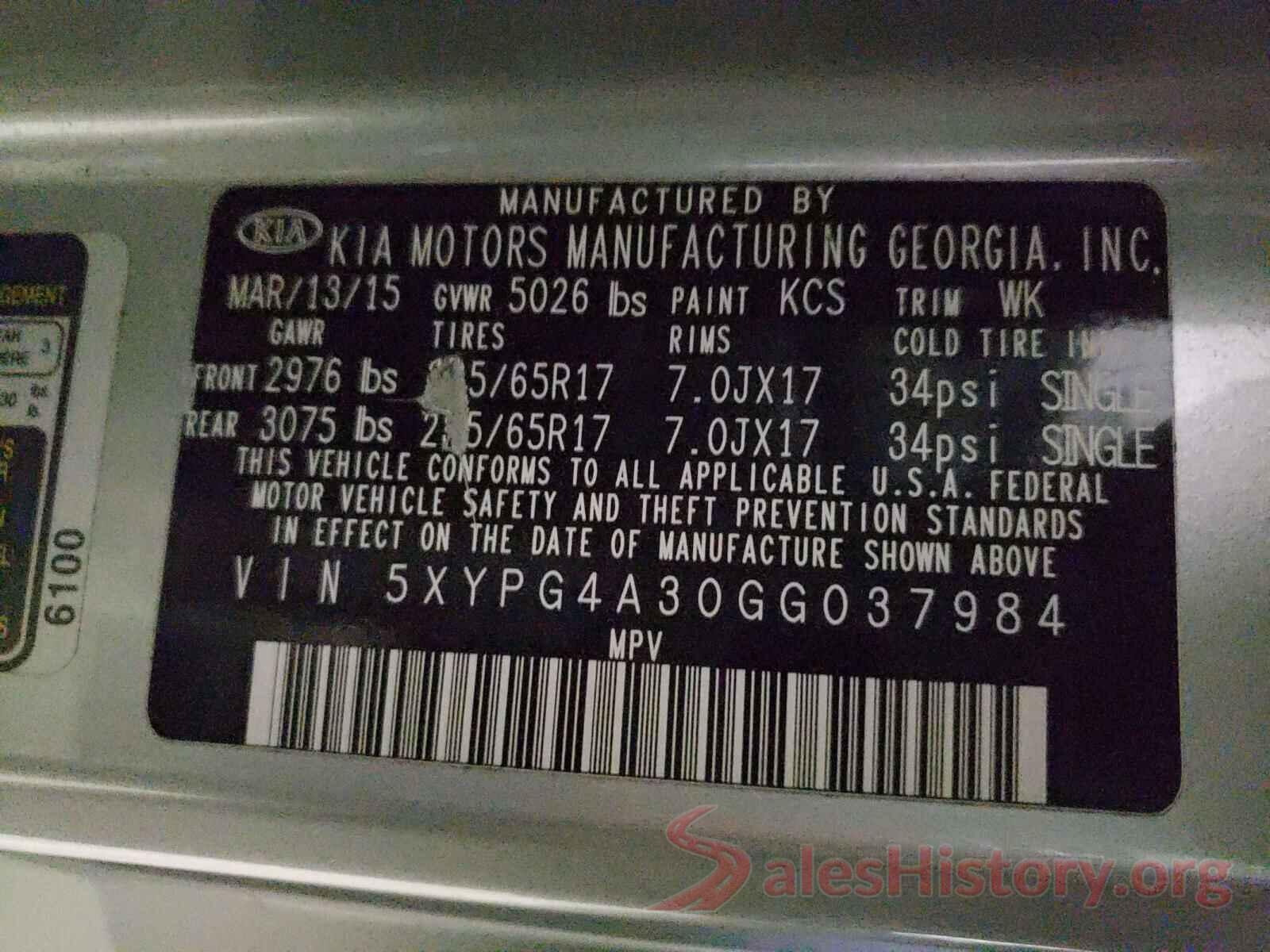 5XYPG4A30GG037984 2016 KIA SORENTO