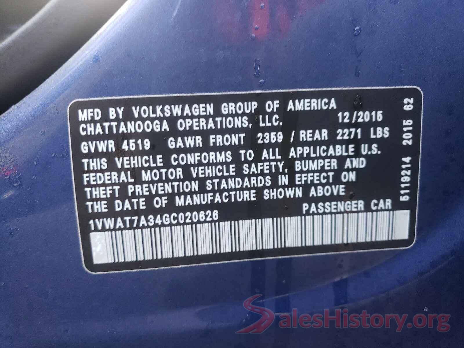 1VWAT7A34GC020626 2016 VOLKSWAGEN PASSAT