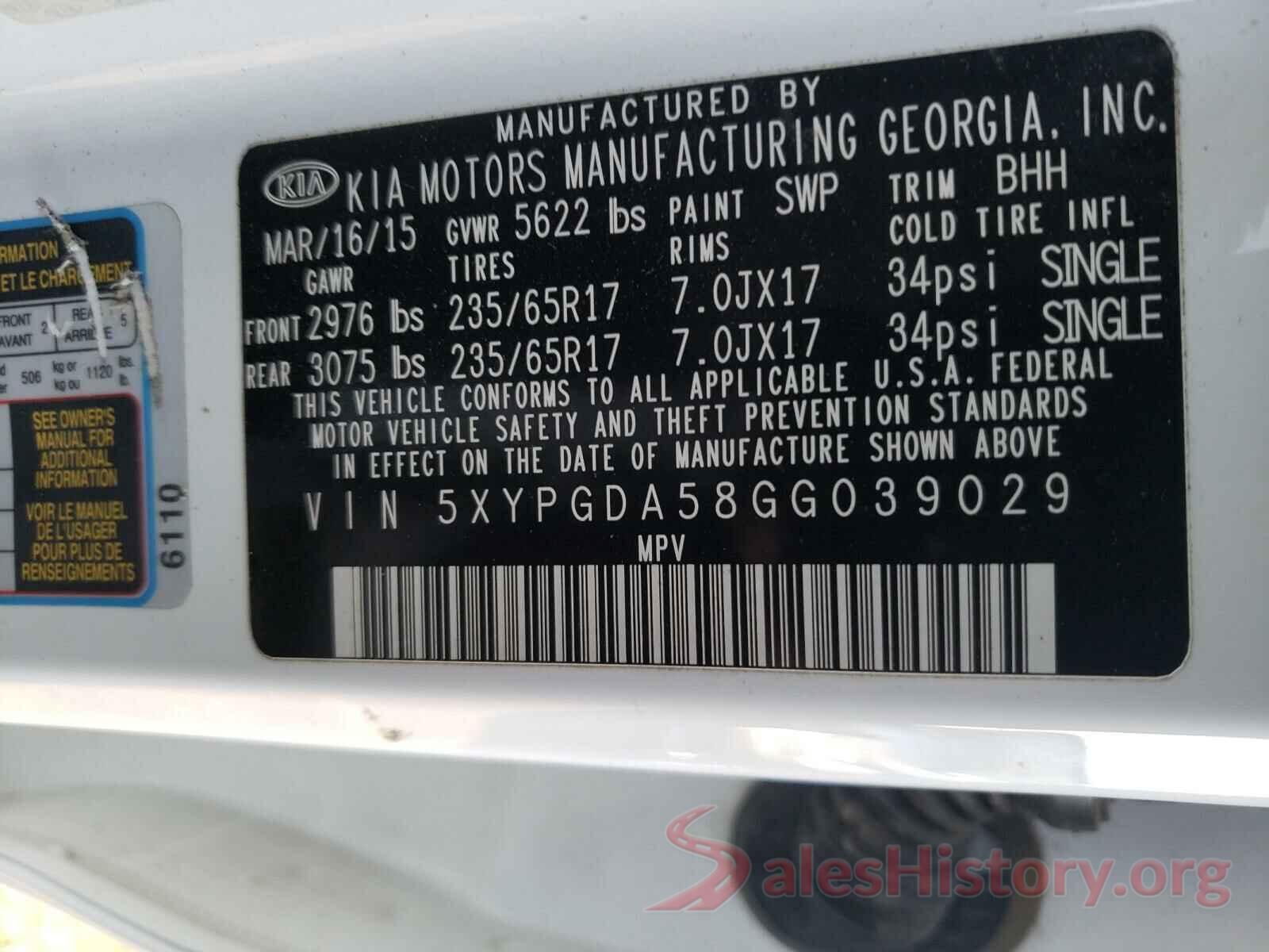 5XYPGDA58GG039029 2016 KIA SORENTO