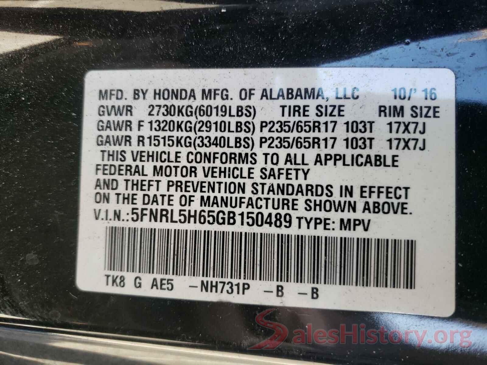 5FNRL5H65GB150489 2016 HONDA ODYSSEY