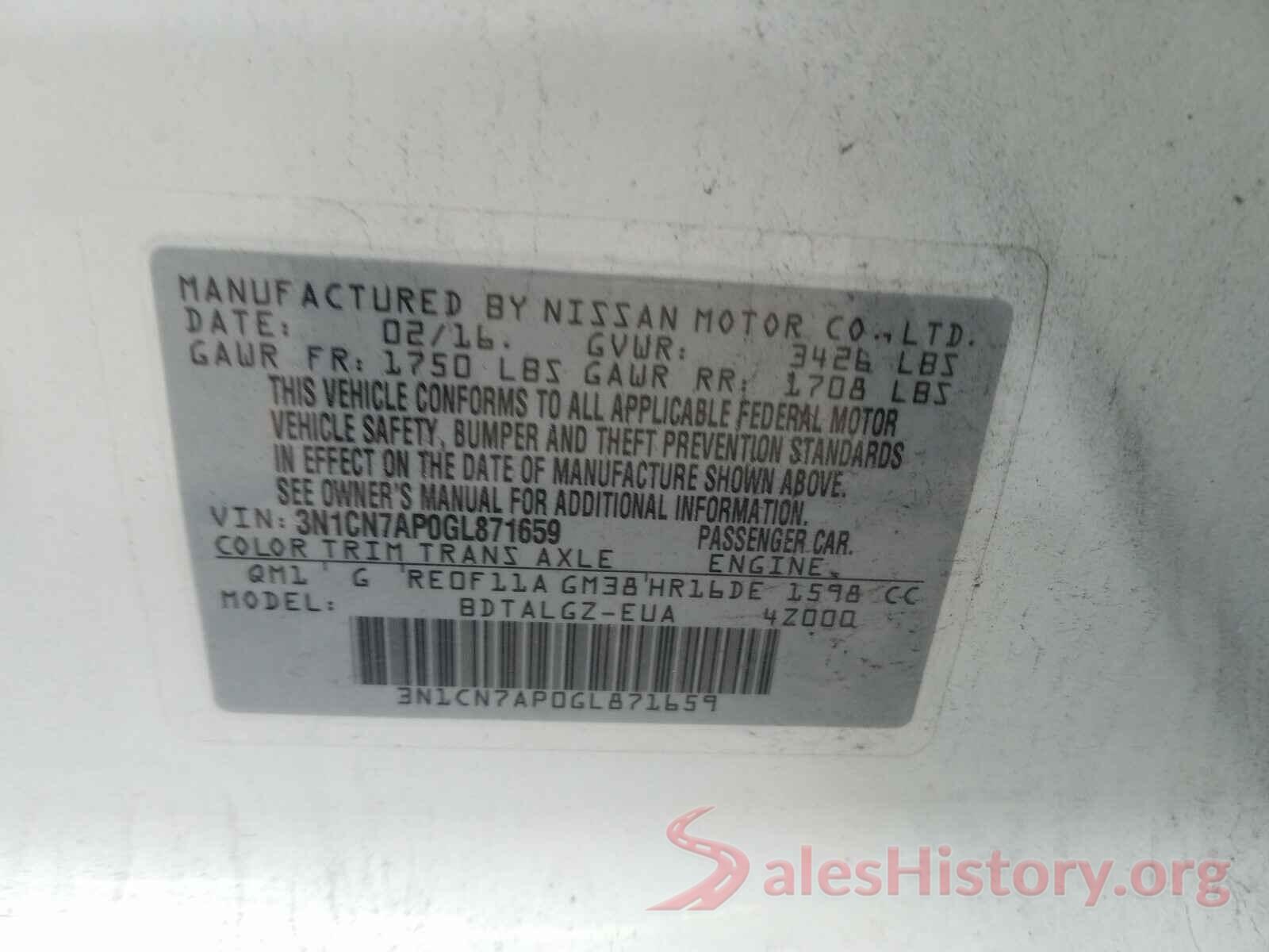 3N1CN7AP0GL871659 2016 NISSAN VERSA