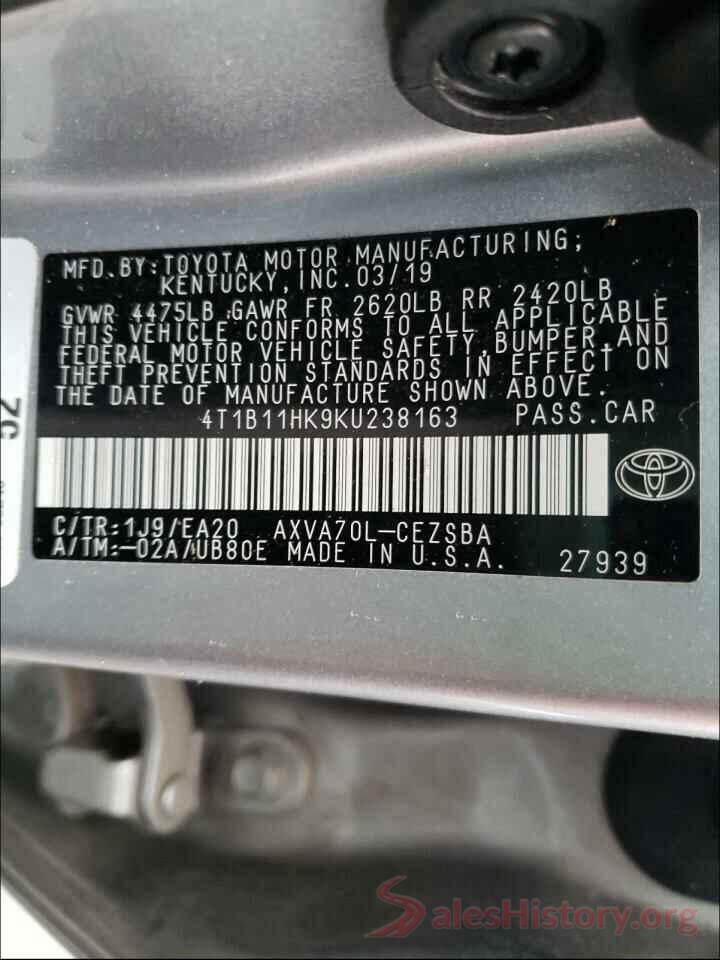 4T1B11HK9KU238163 2019 TOYOTA CAMRY