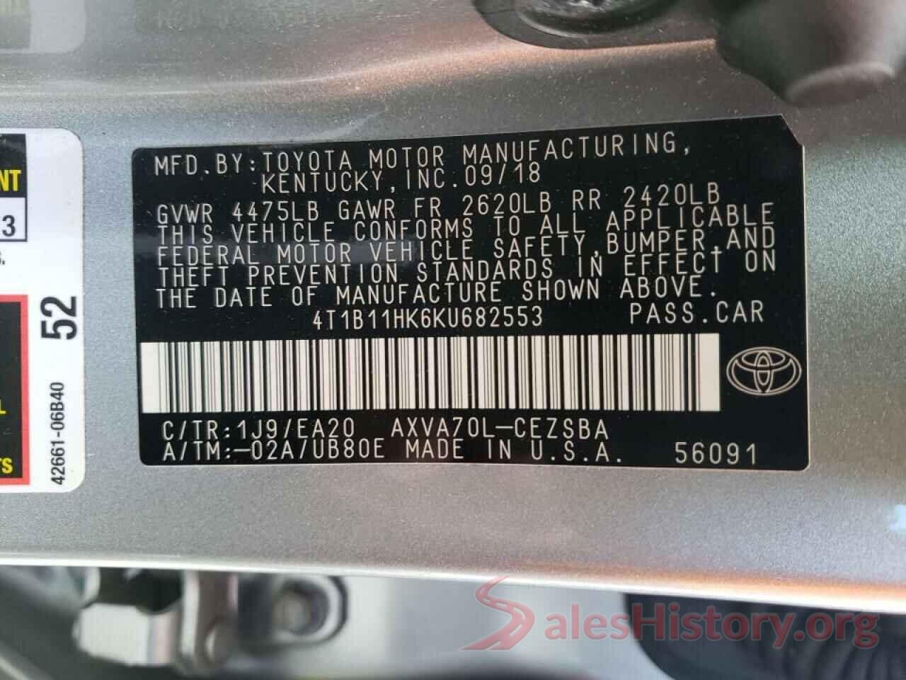 4T1B11HK6KU682553 2019 TOYOTA CAMRY