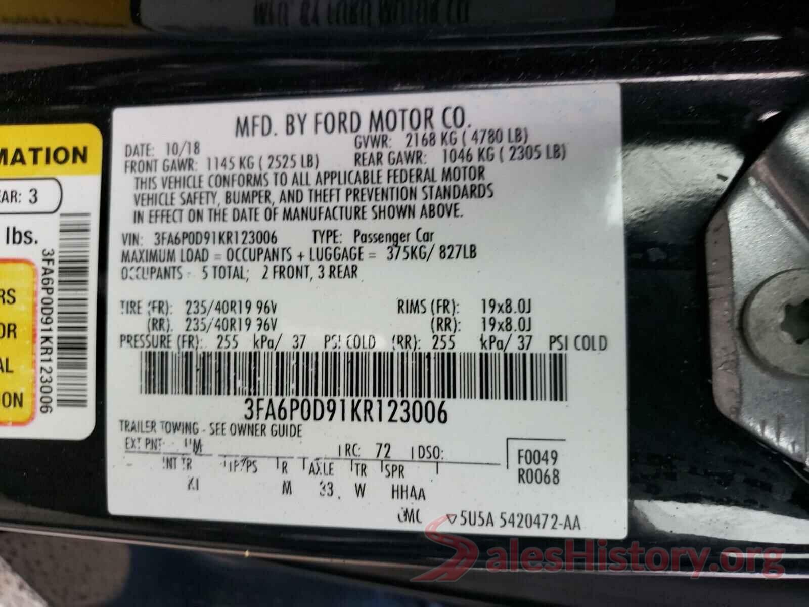 3FA6P0D91KR123006 2019 FORD FUSION